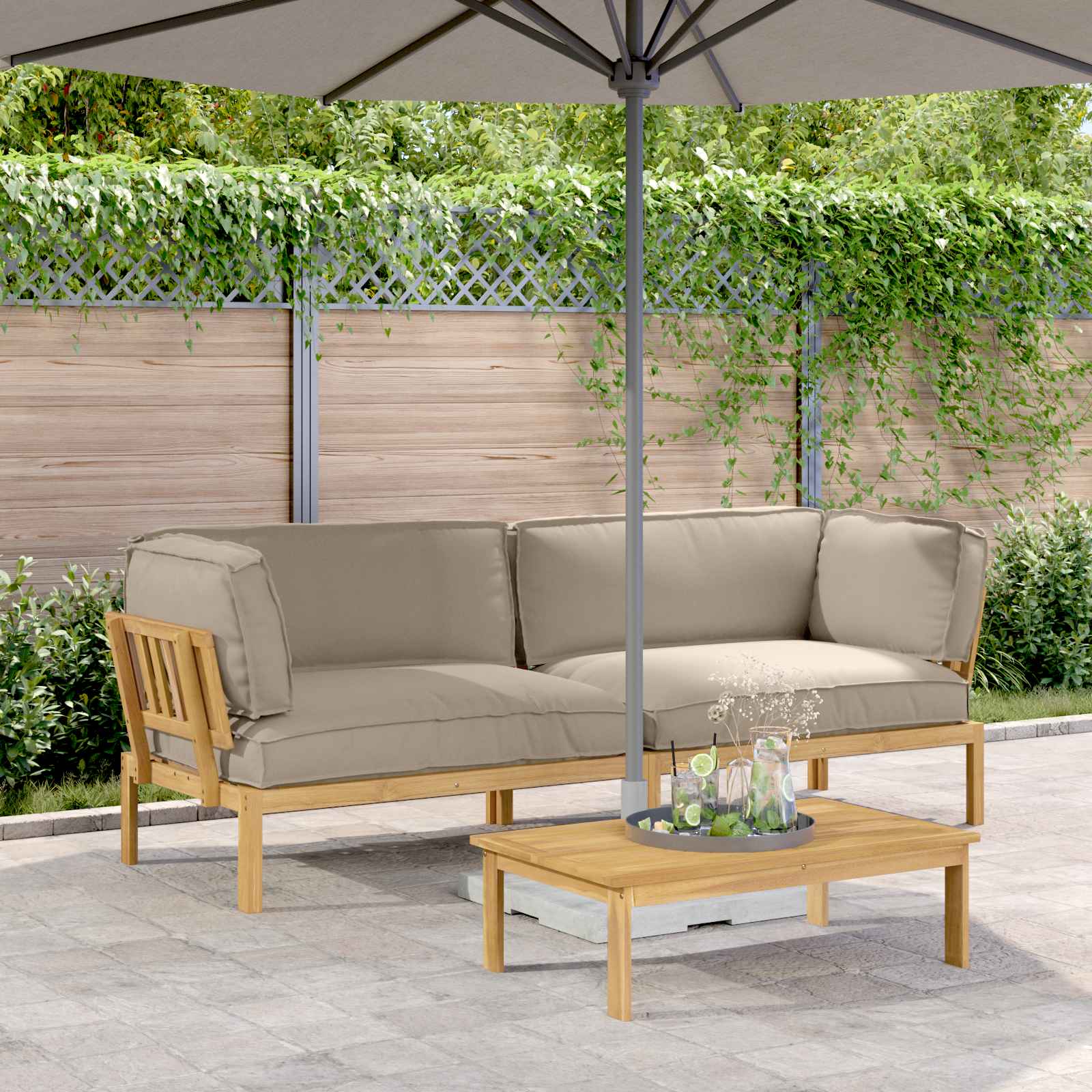 Bankstel met kussen Effen 2 pcs Taupe Massief Acaciahout image 1