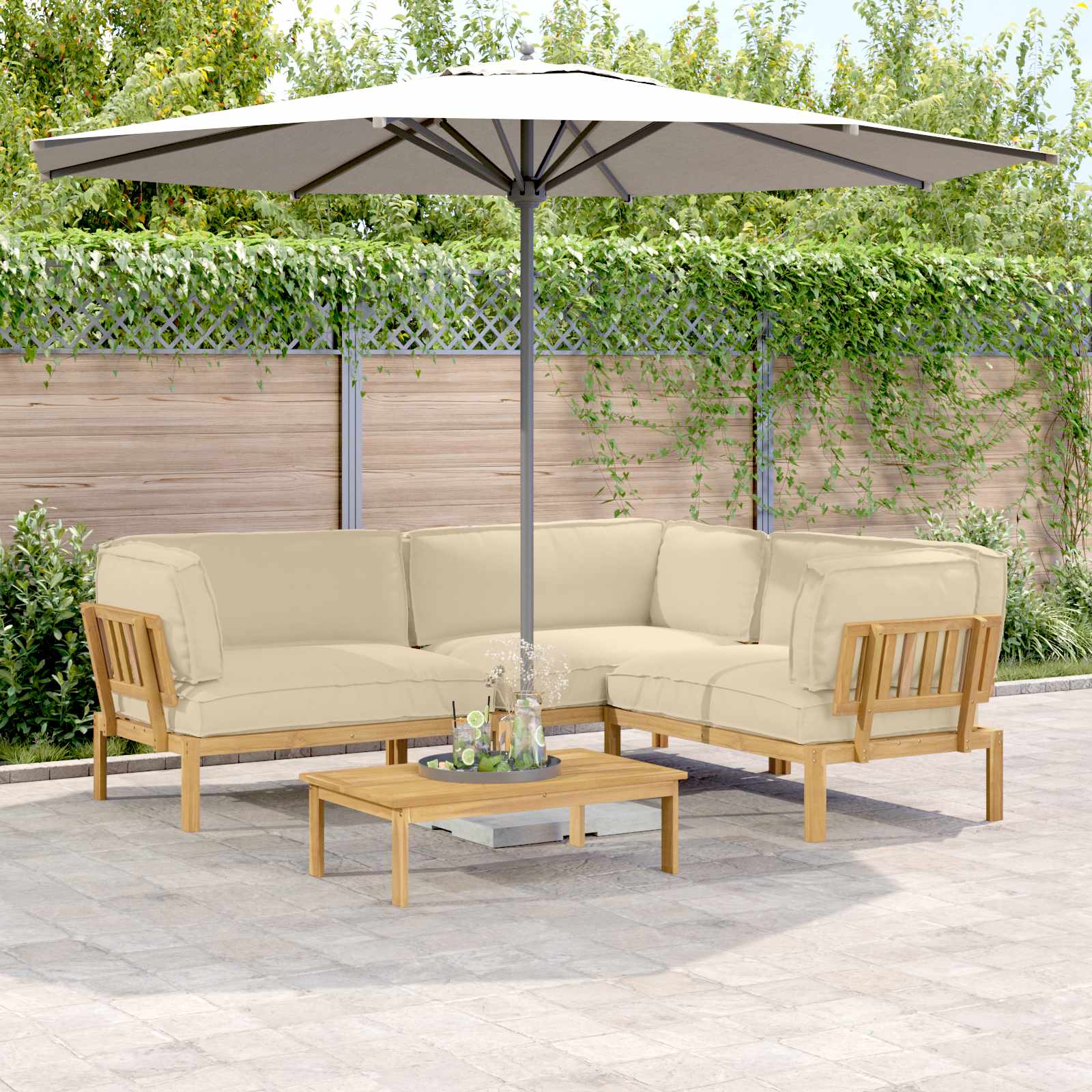 Bankstel met kussen Effen 4 pcs Beige Massief Acaciahout image 1