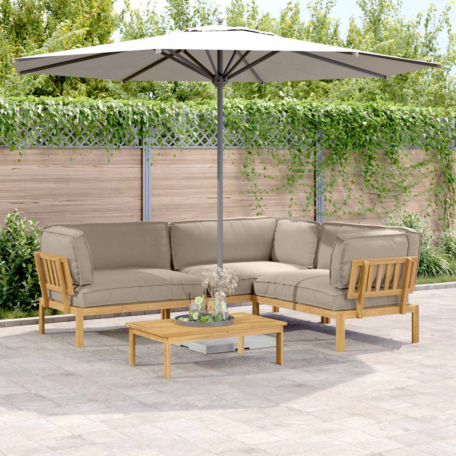 Bankstel met kussen Effen 4 pcs Taupe Massief Acaciahout image 1