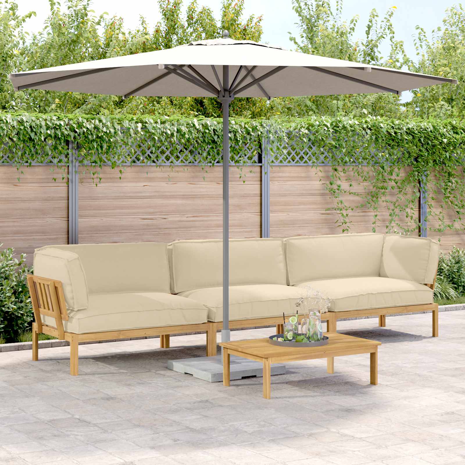 Bankstel met kussen Effen 4 pcs Beige Massief Acaciahout image 1