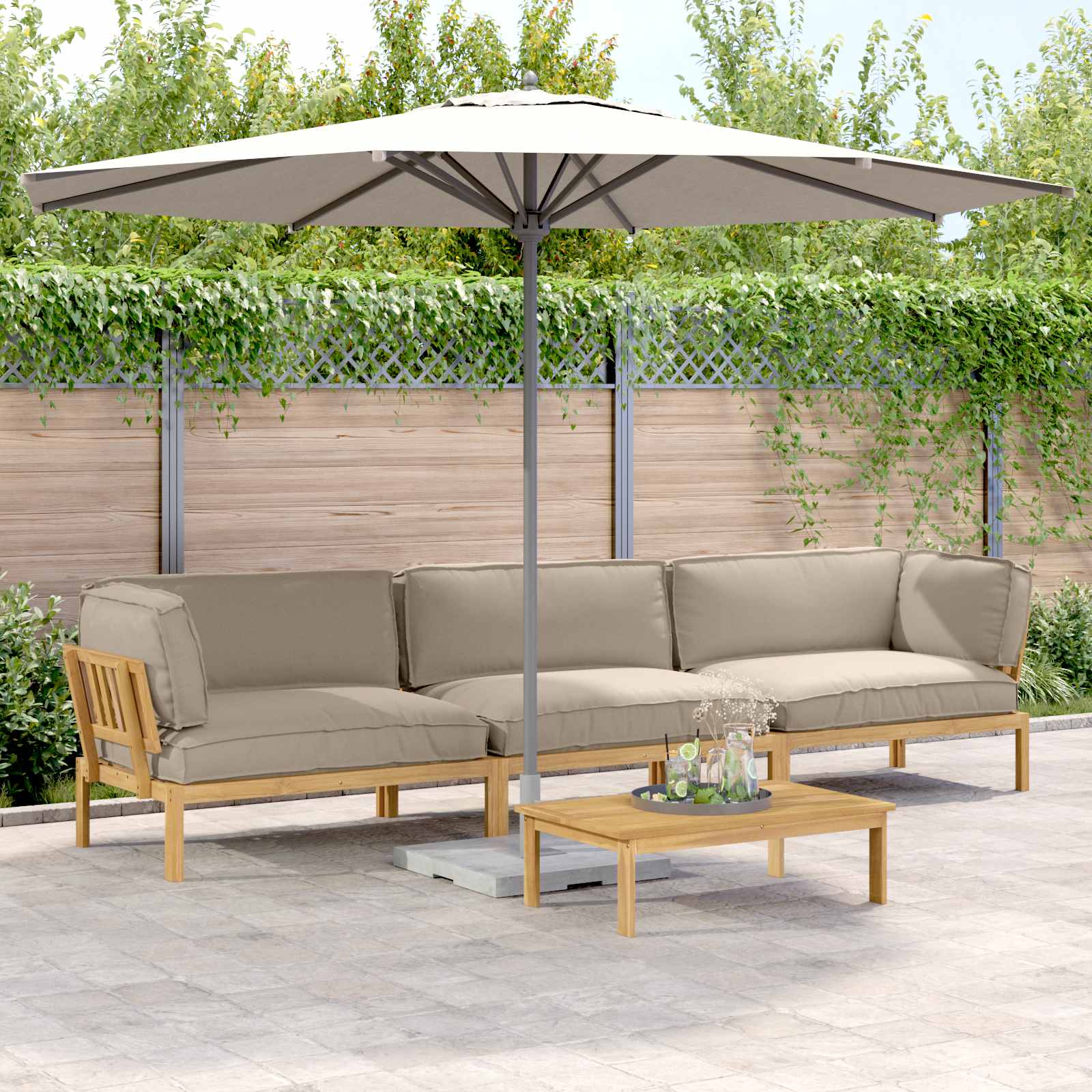 Bankstel met kussen Effen 4 pcs Taupe Massief Acaciahout image 1