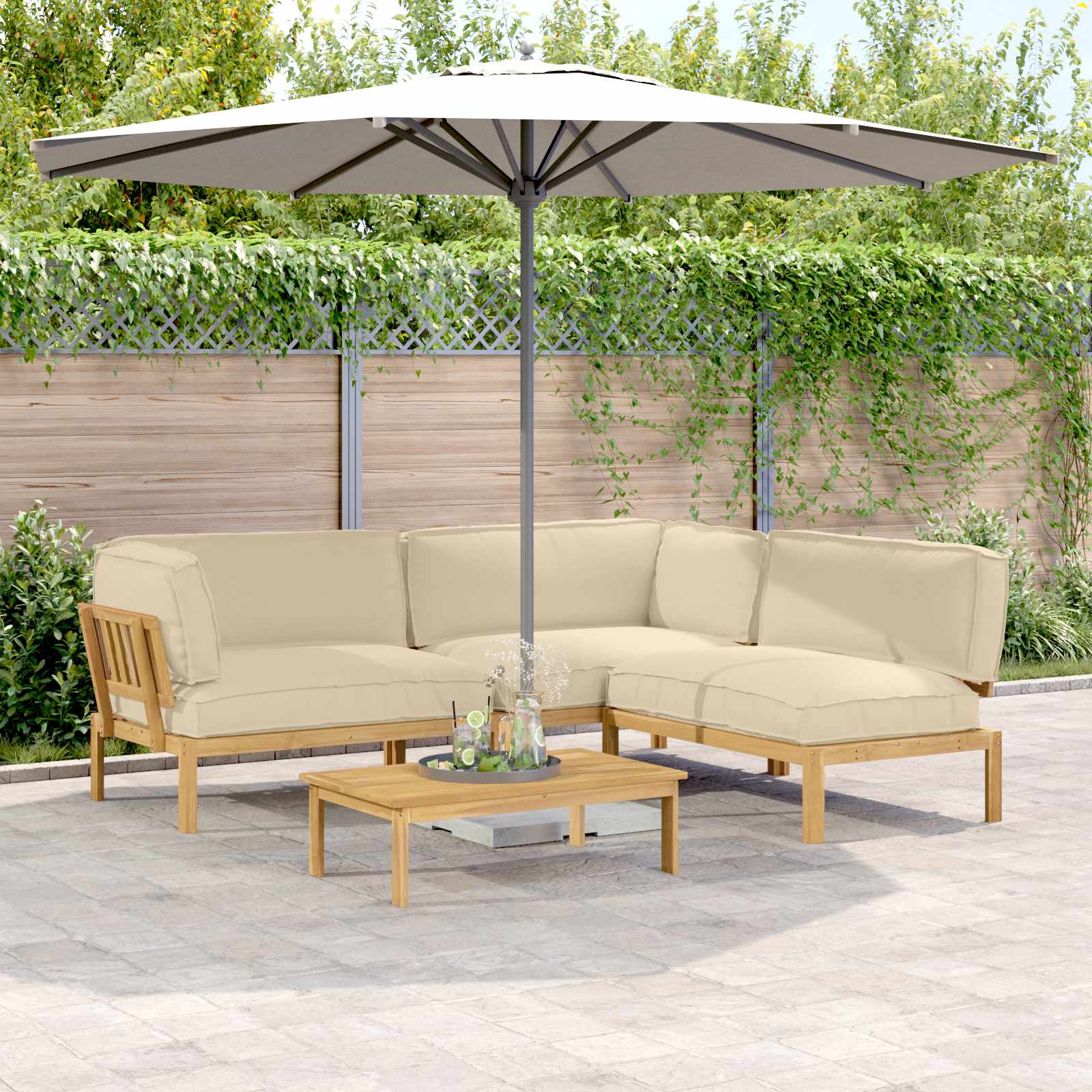 Bankstel met kussen Effen 4 pcs Beige Massief Acaciahout image 1