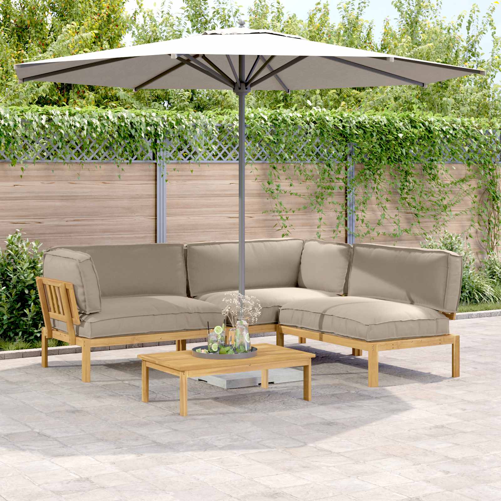 Bankstel met kussen Effen 4 pcs Taupe Massief Acaciahout image 1