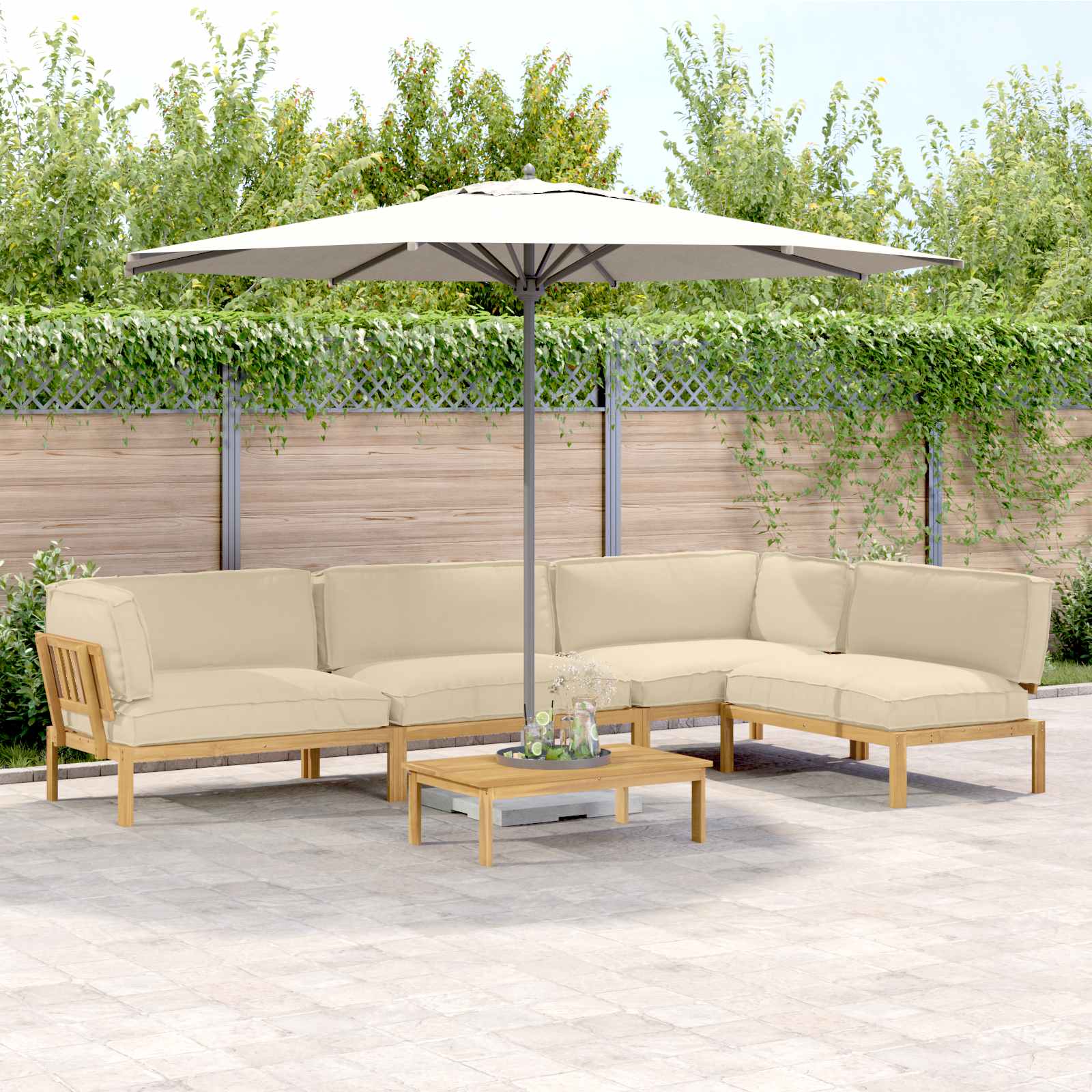 Bankstel met kussen Effen 5 pcs Beige Massief Acaciahout image 1
