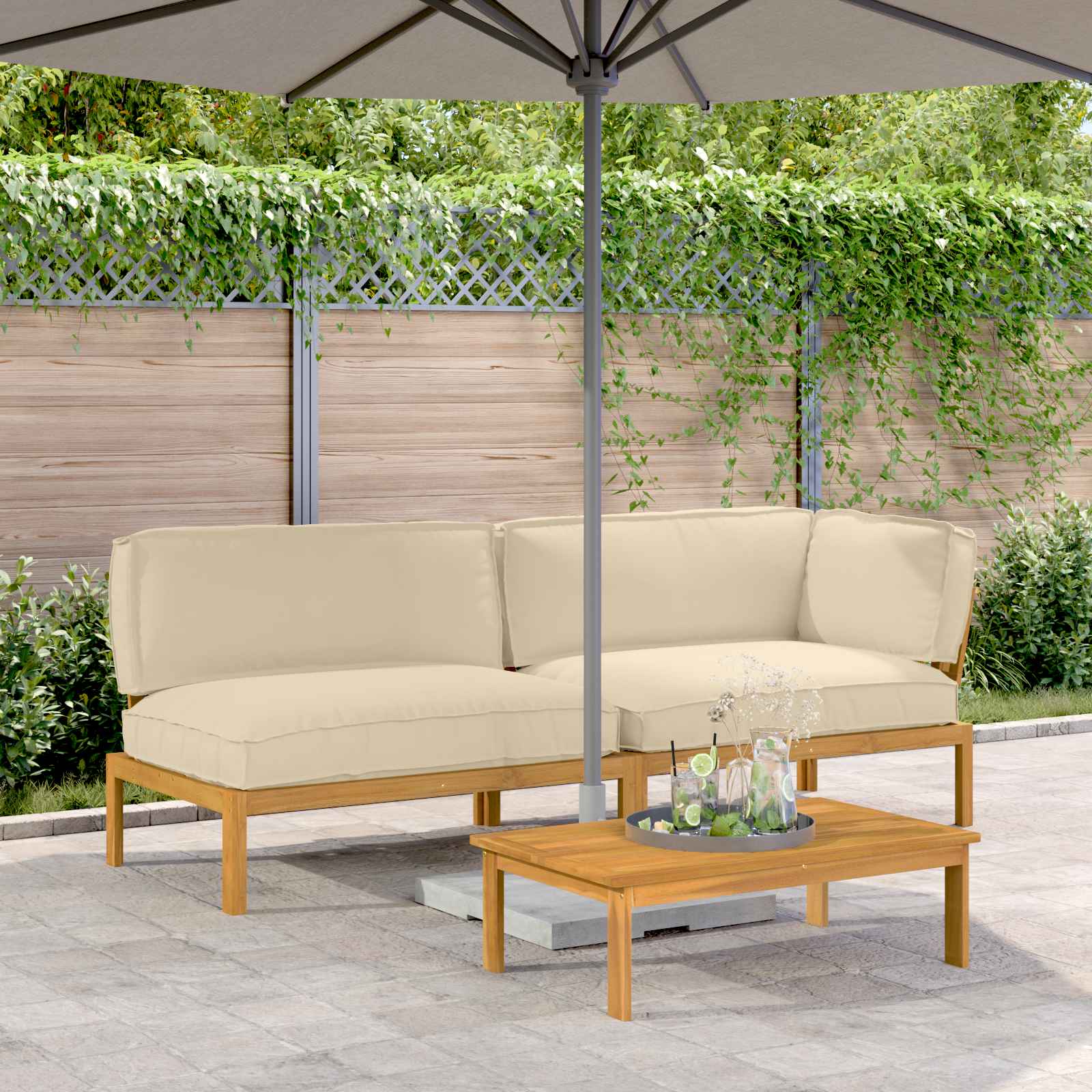 Bankstel met kussen Effen 3 pcs Beige Massief Acaciahout image 1