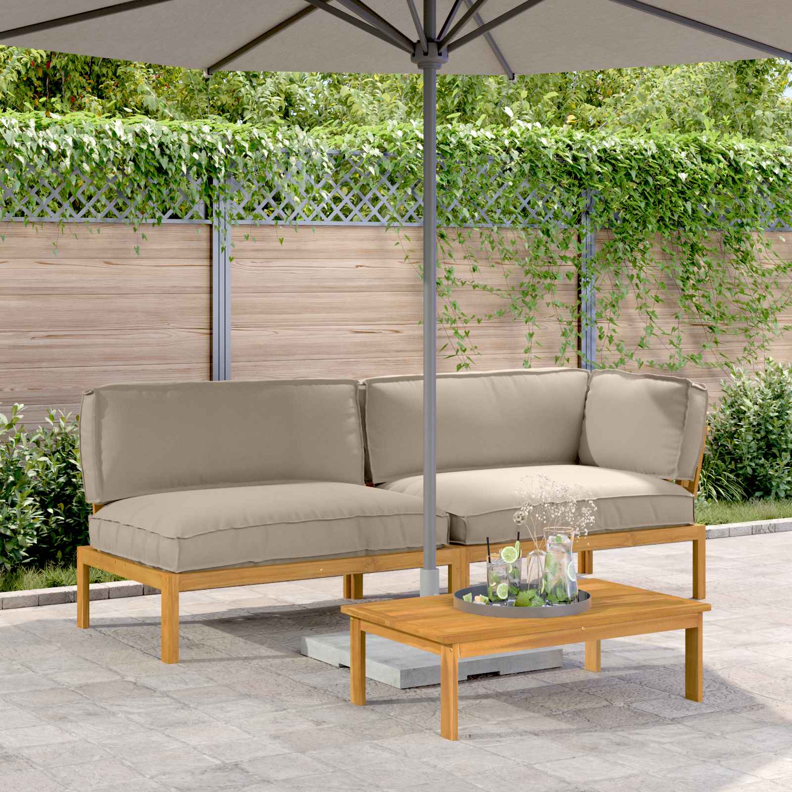 Bankstel met kussen Effen 3 pcs Taupe Massief Acaciahout image 1