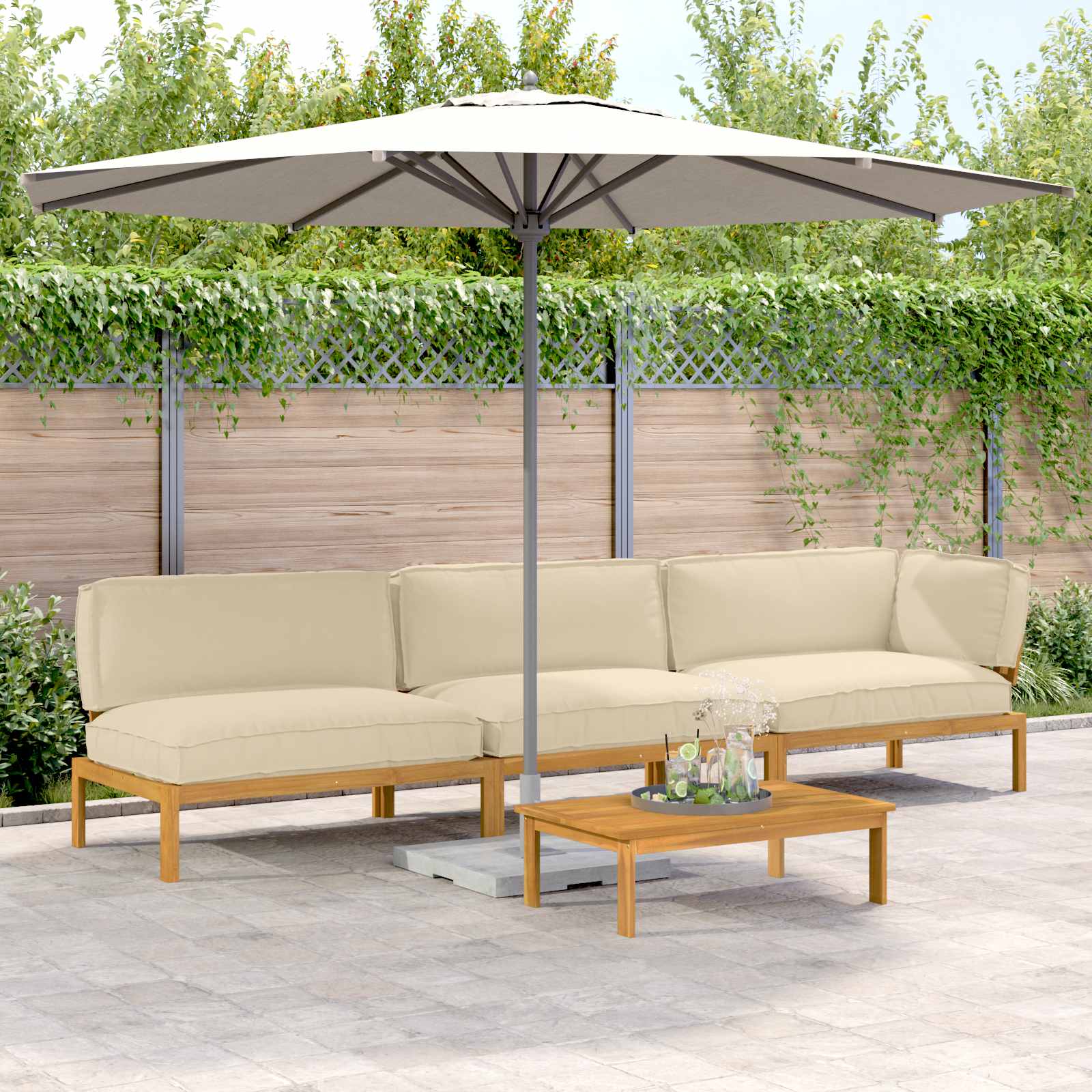 Bankstel met kussen Effen 4 pcs Beige Massief Acaciahout image 1