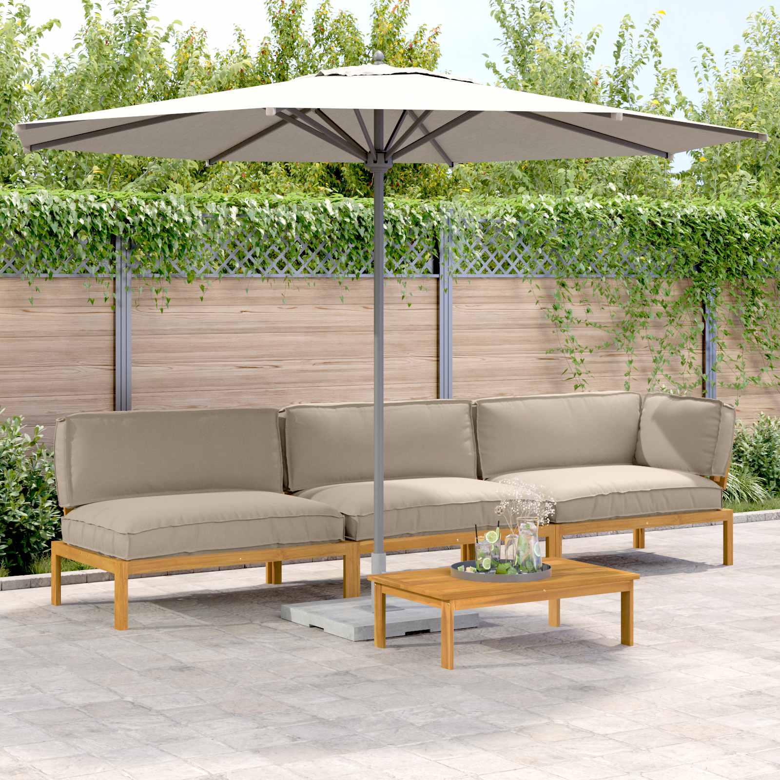 Bankstel met kussen Effen 4 pcs Taupe Massief Acaciahout image 1