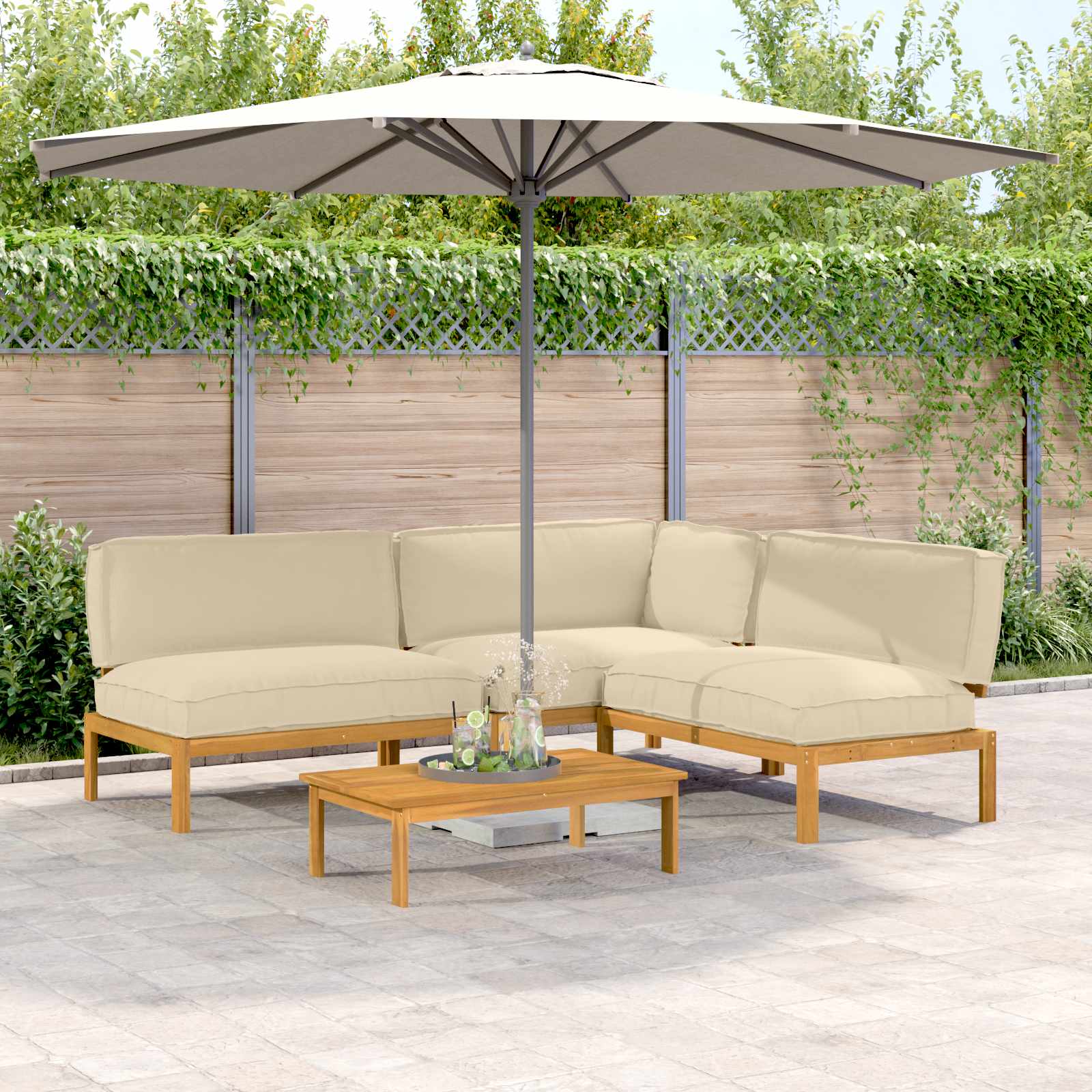 Bankstel met kussen Effen 4 pcs Beige Massief Acaciahout image 1