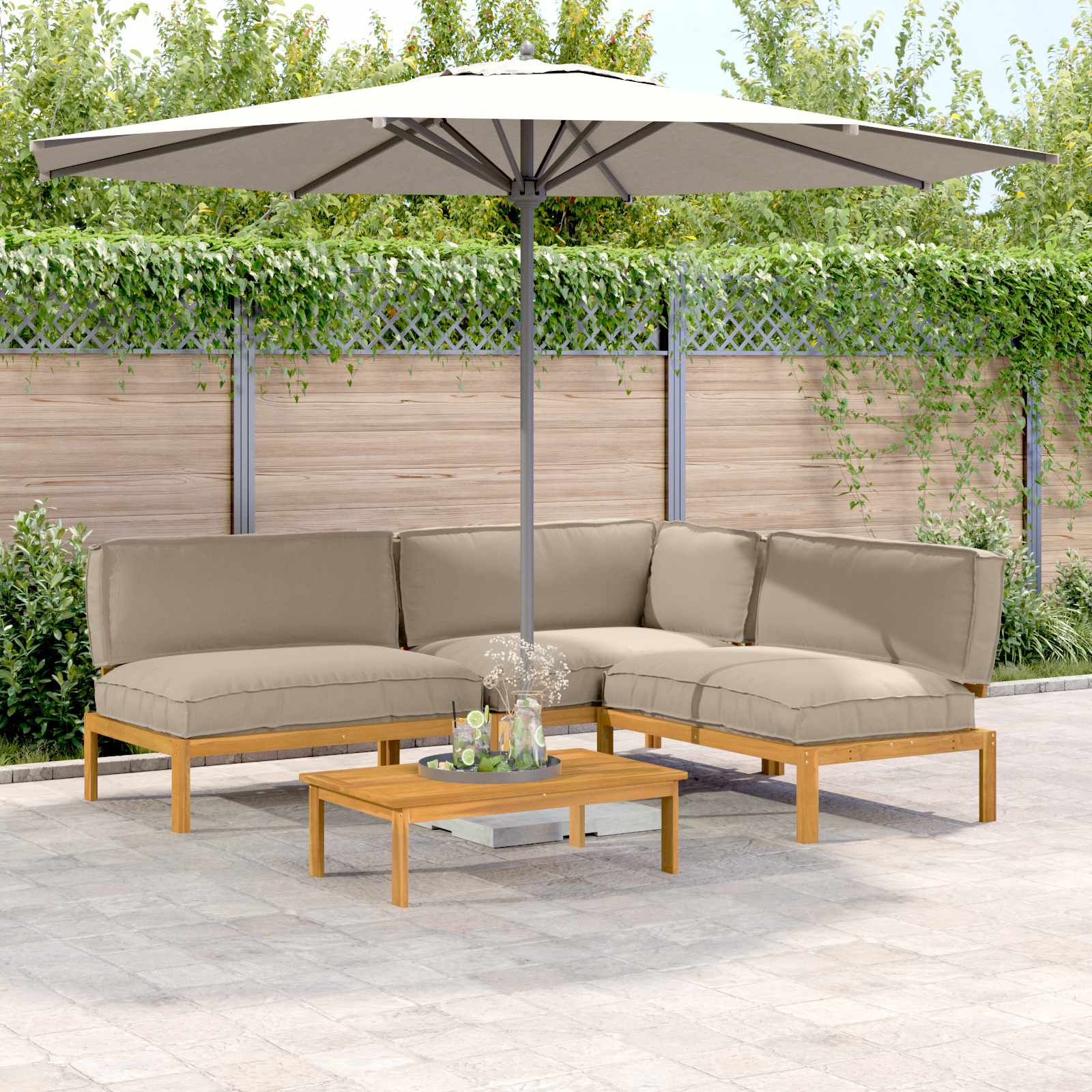 Bankstel met kussen Effen 4 pcs Taupe Massief Acaciahout image 1