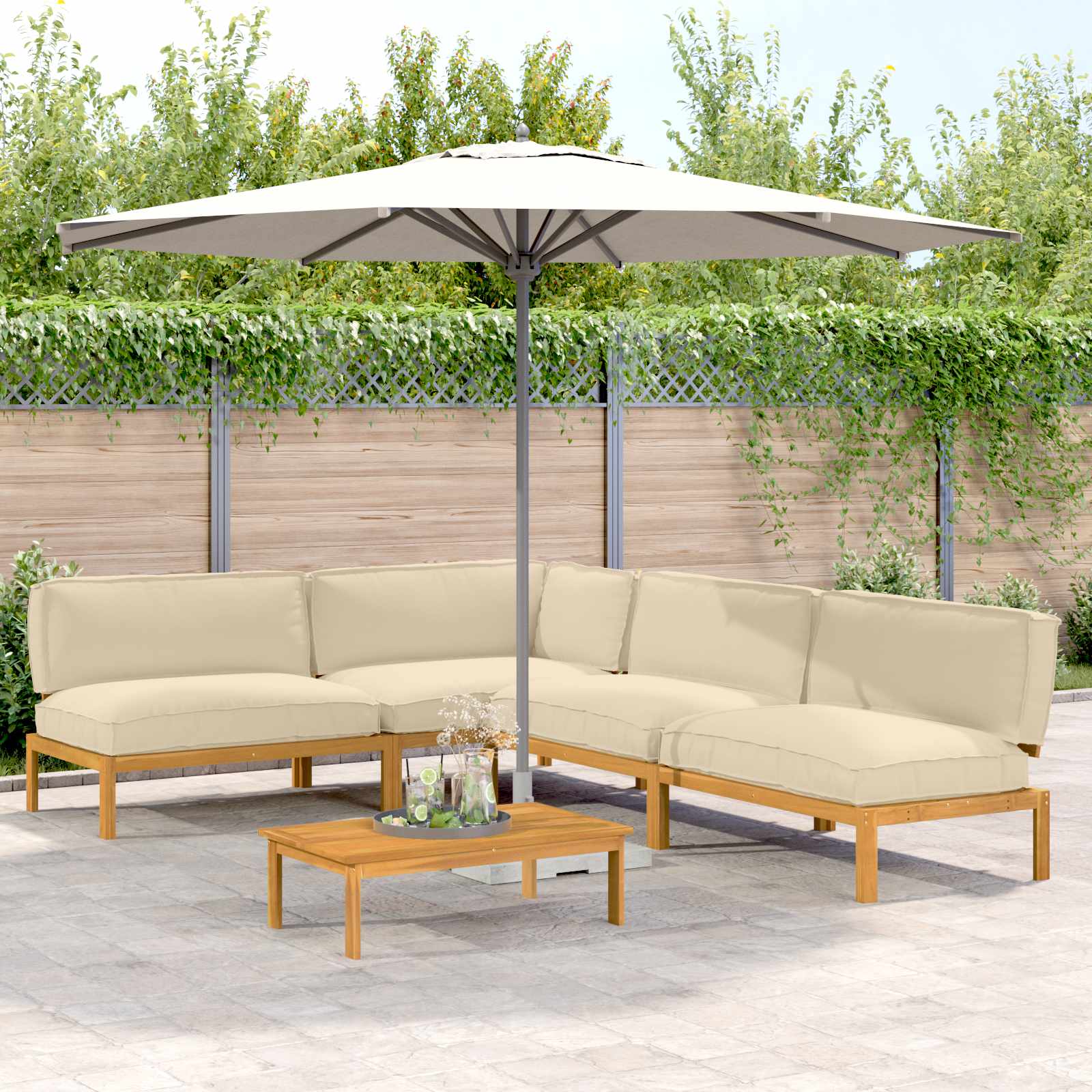 Bankstel met kussen Effen 5 pcs Beige Massief Acaciahout image 1