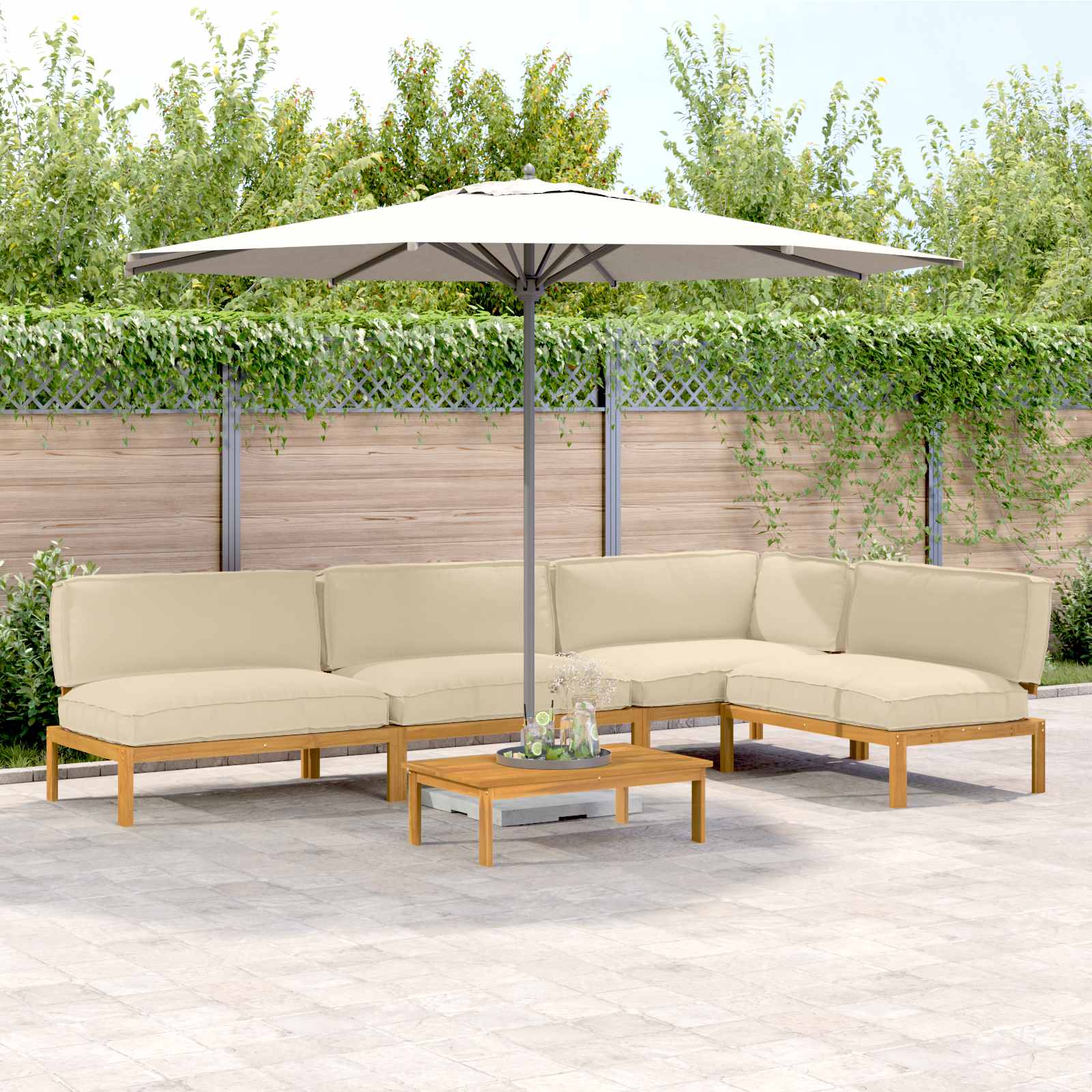 Bankstel met kussen Effen 5 pcs Beige Massief Acaciahout image 1