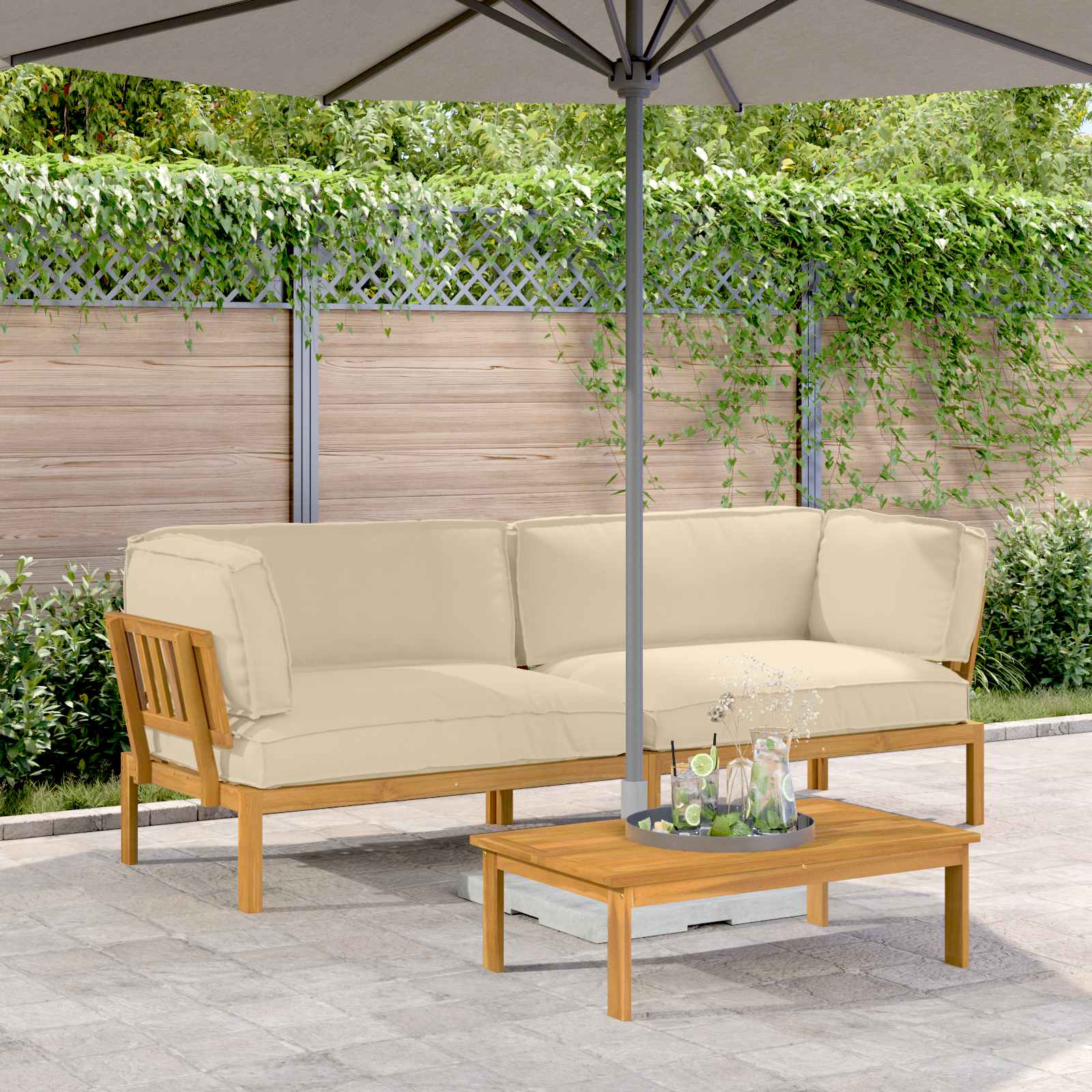Bankstel met kussen Effen 2 pcs Beige Massief Acaciahout image 1