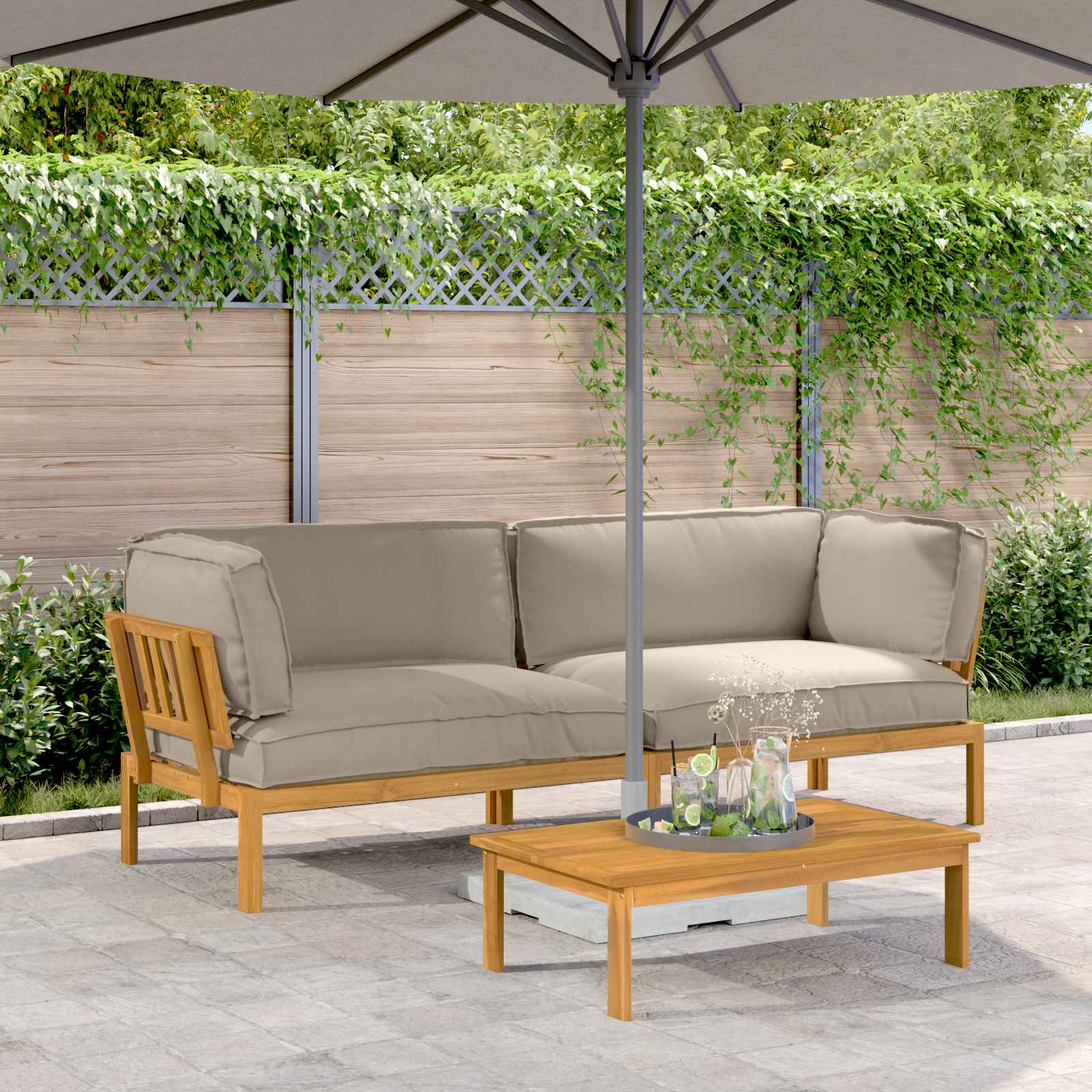 Bankstel met kussen Effen 2 pcs Taupe Massief Acaciahout image 1