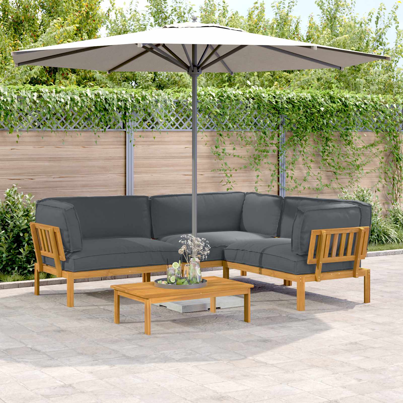 Bankstel met kussen Effen 4 pcs Antraciet Massief Acaciahout image 1