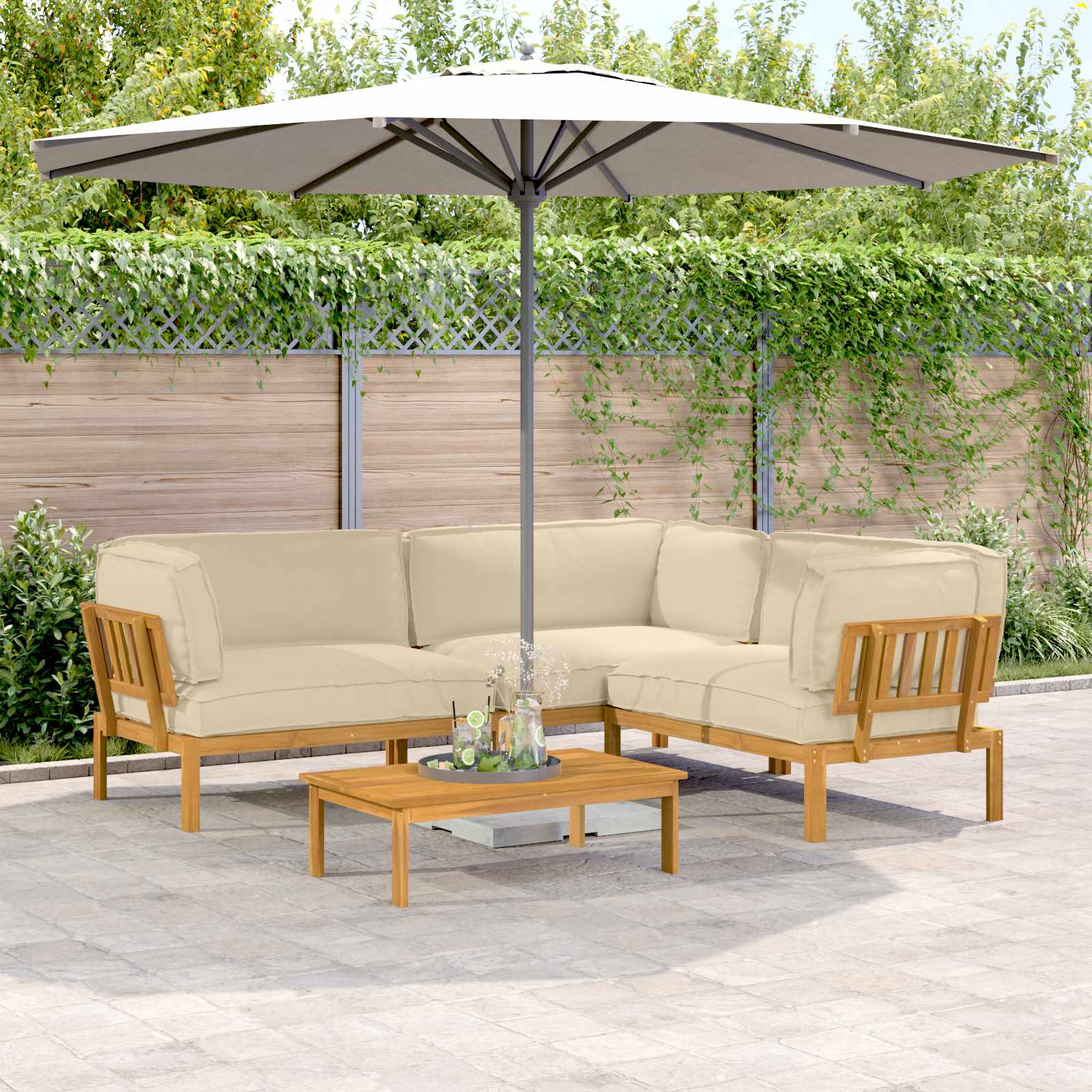 Bankstel met kussen Effen 4 pcs Beige Massief Acaciahout image 1