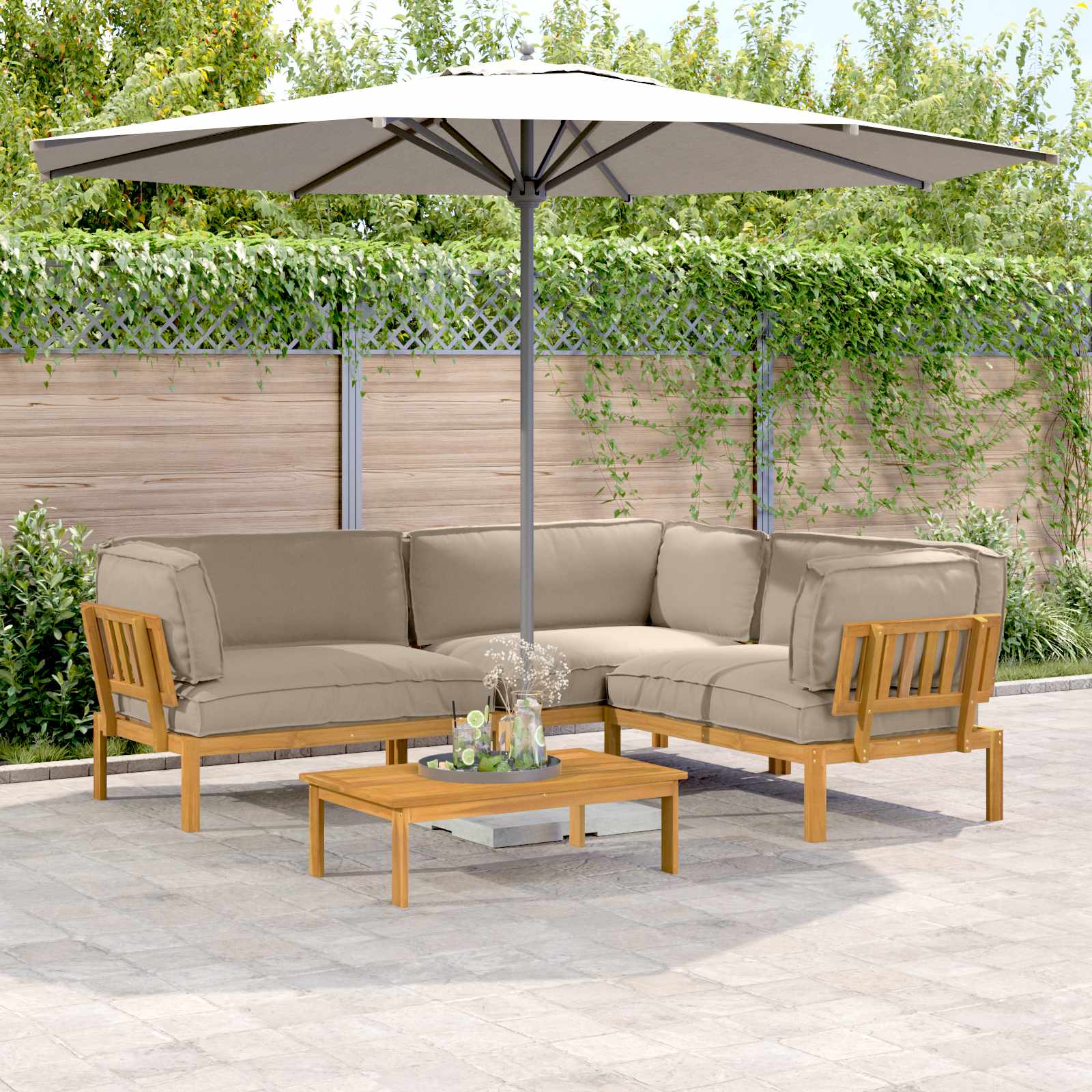 Bankstel met kussen Effen 4 pcs Taupe Massief Acaciahout image 1