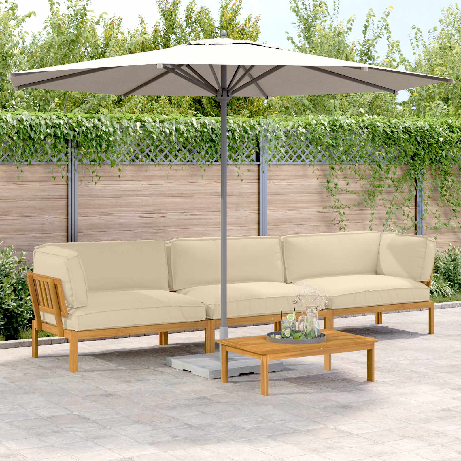 Bankstel met kussen Effen 4 pcs Beige Massief Acaciahout image 1