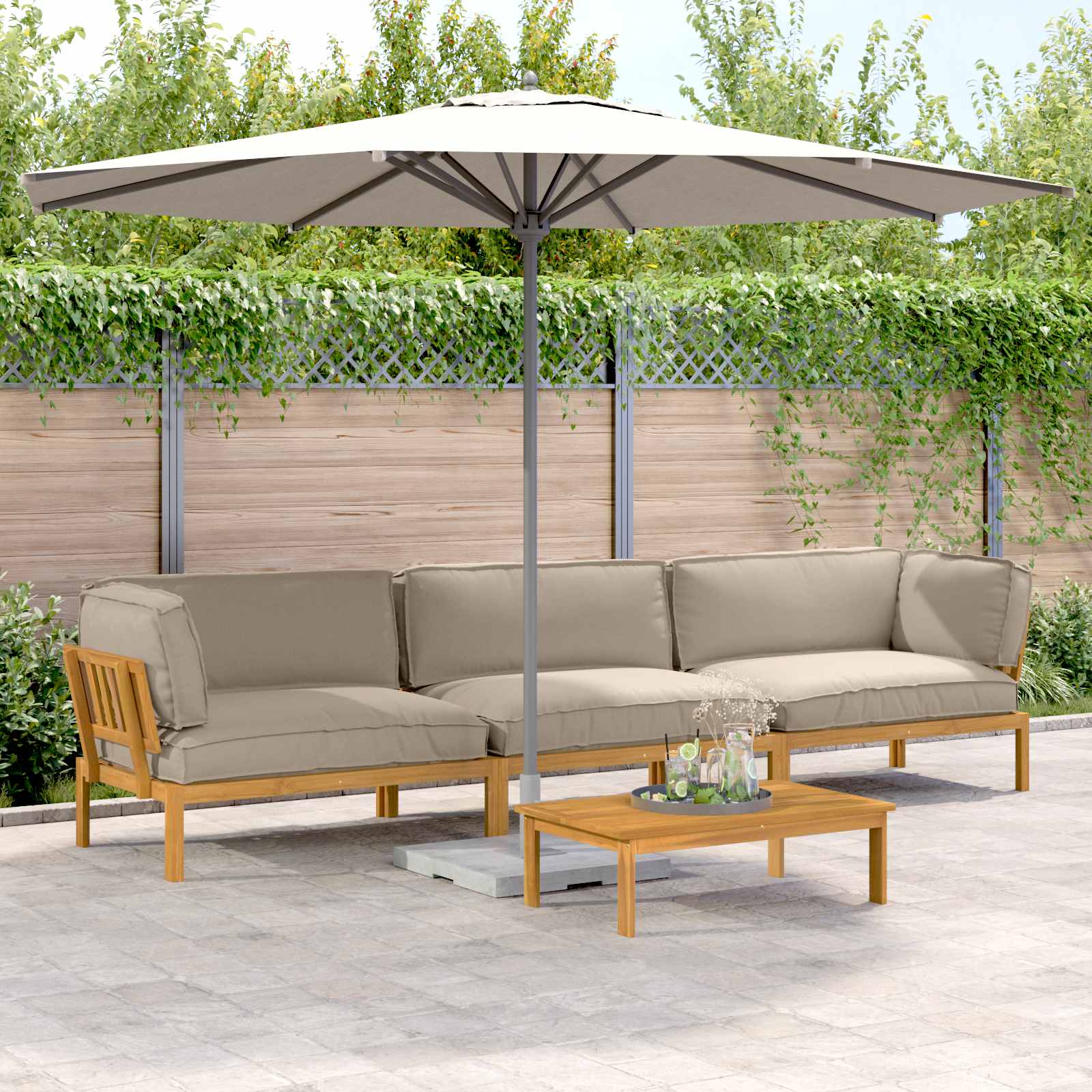 Bankstel met kussen Effen 4 pcs Taupe Massief Acaciahout image 1