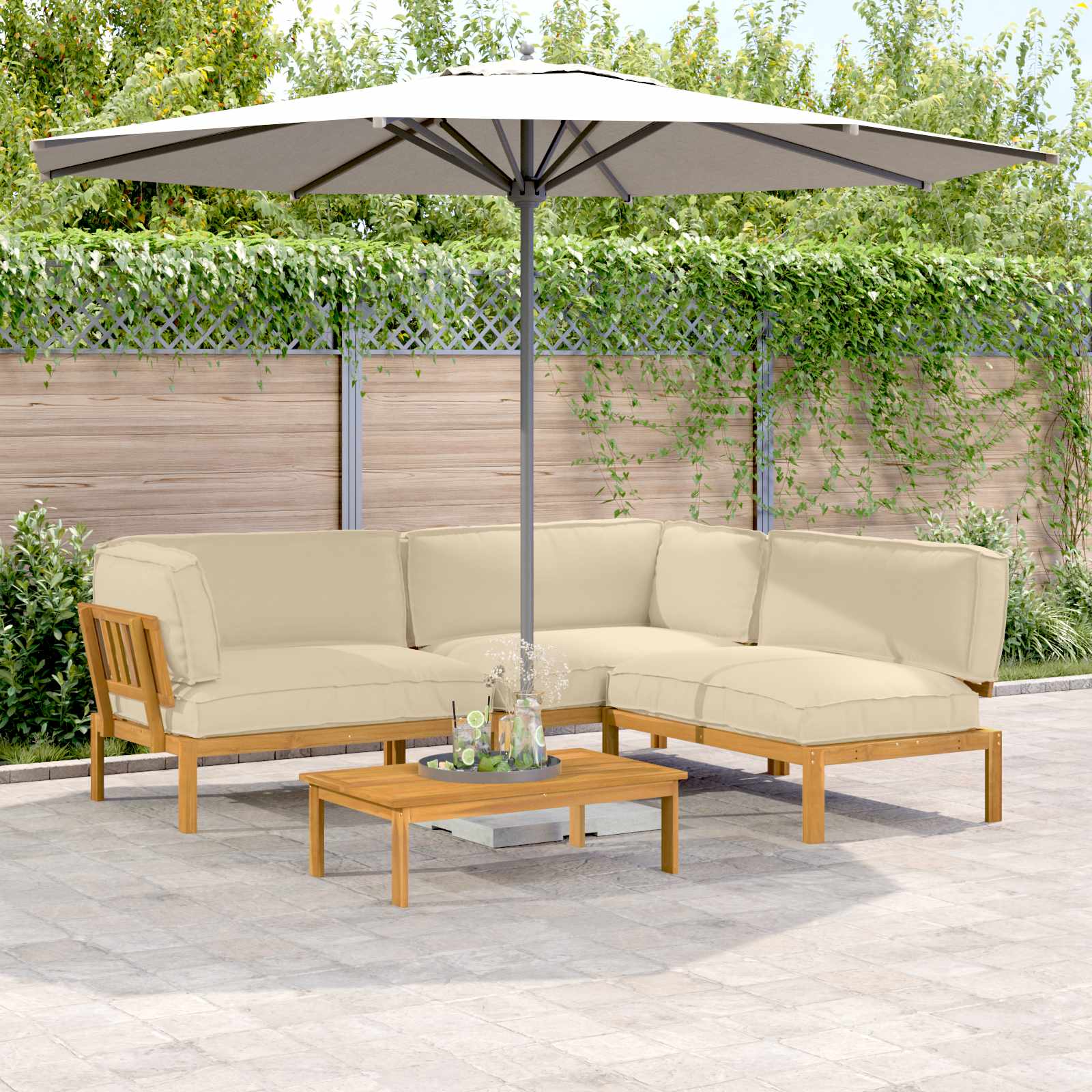 Bankstel met kussen Effen 4 pcs Beige Massief Acaciahout image 1