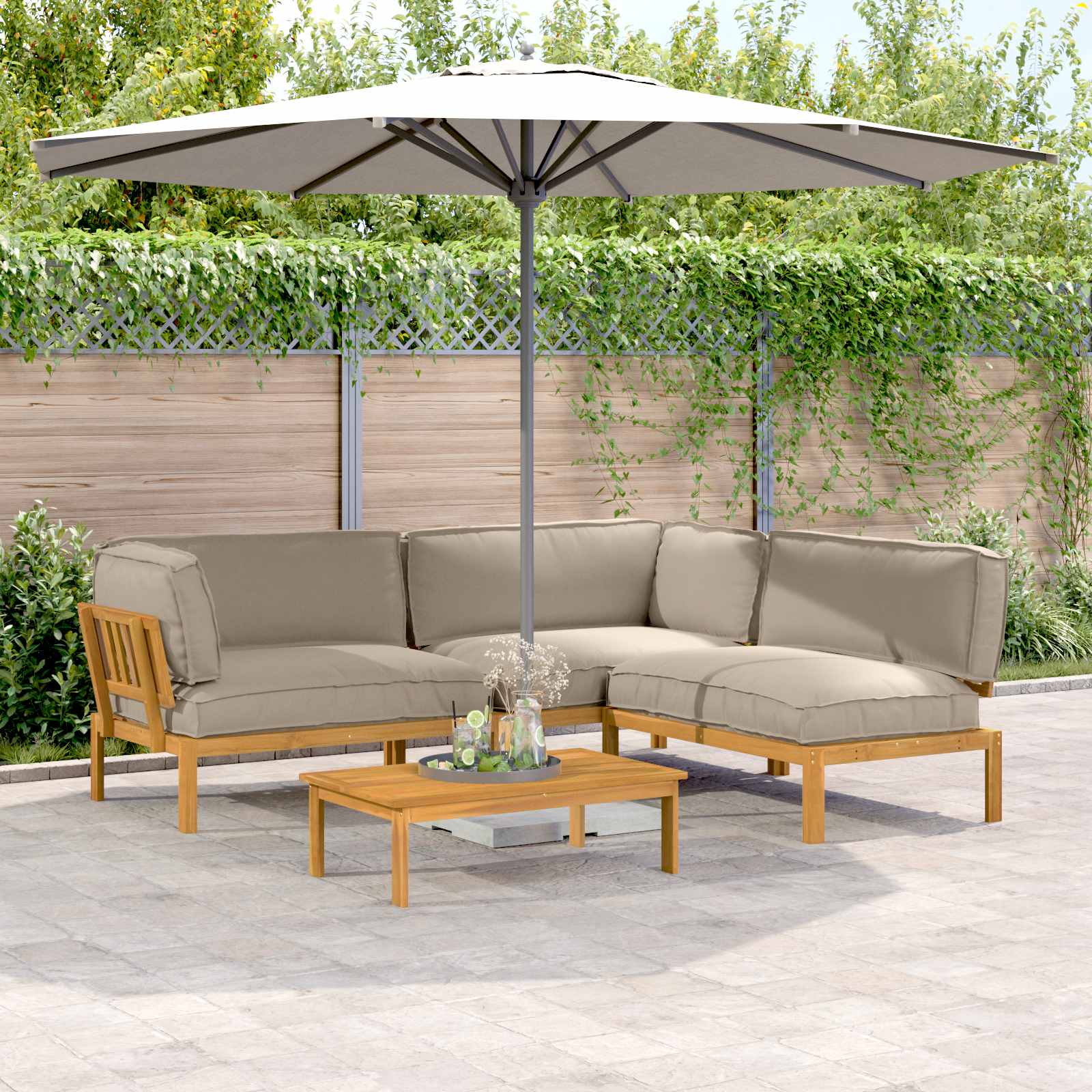 Bankstel met kussen Effen 4 pcs Taupe Massief Acaciahout image 1