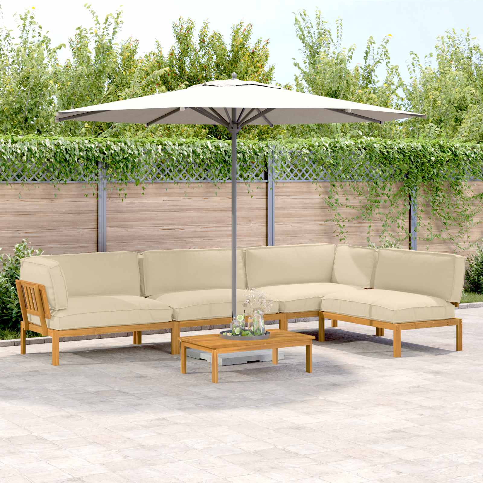 Bankstel met kussen Effen 5 pcs Beige Massief Acaciahout image 1