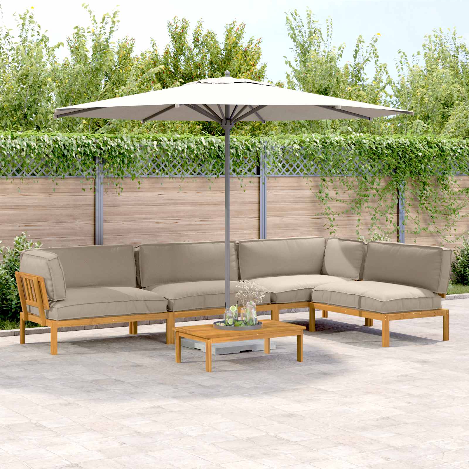 Bankstel met kussen Effen 5 pcs Taupe Massief Acaciahout image 1