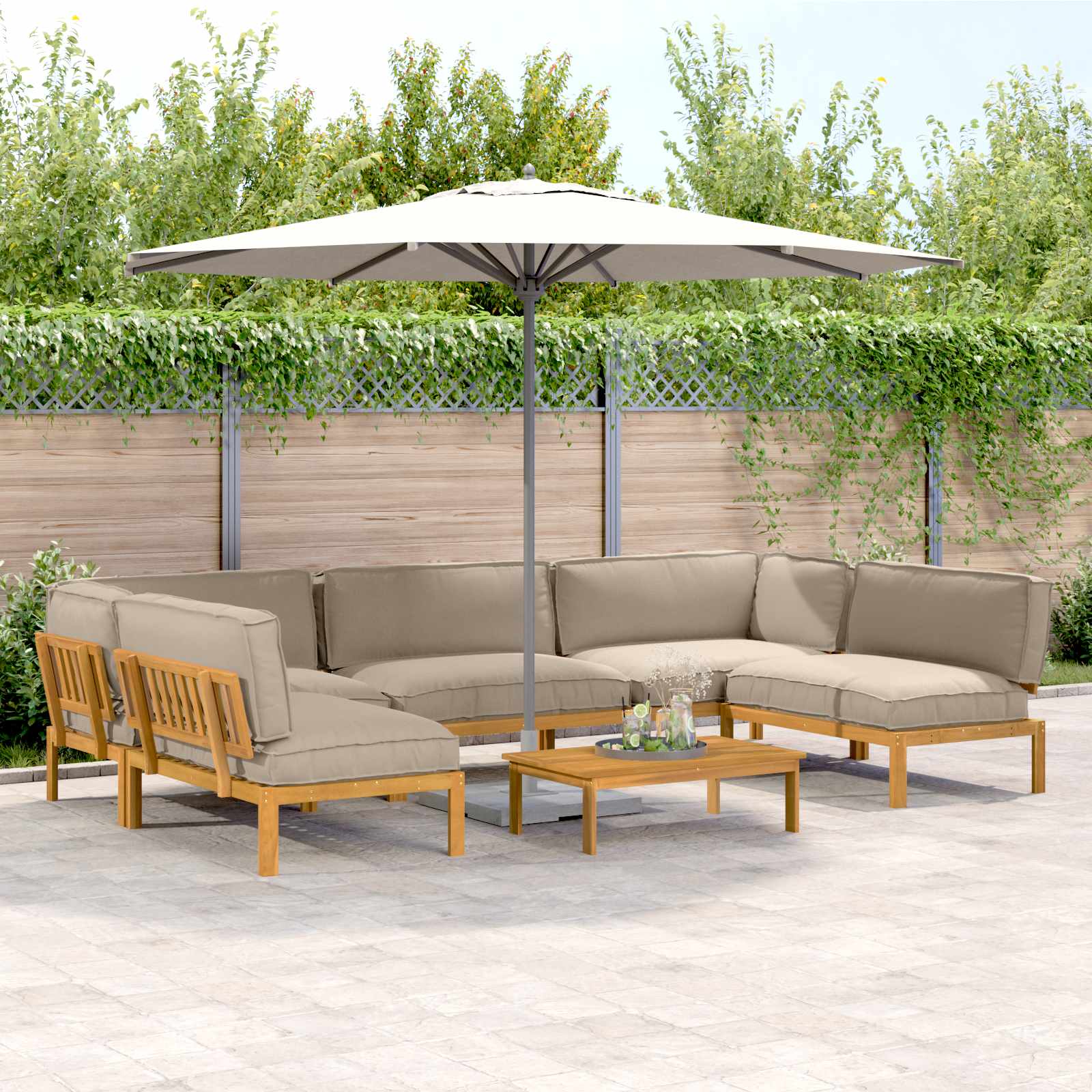 Bankstel met kussen Effen 6 pcs Taupe Massief Acaciahout image 1