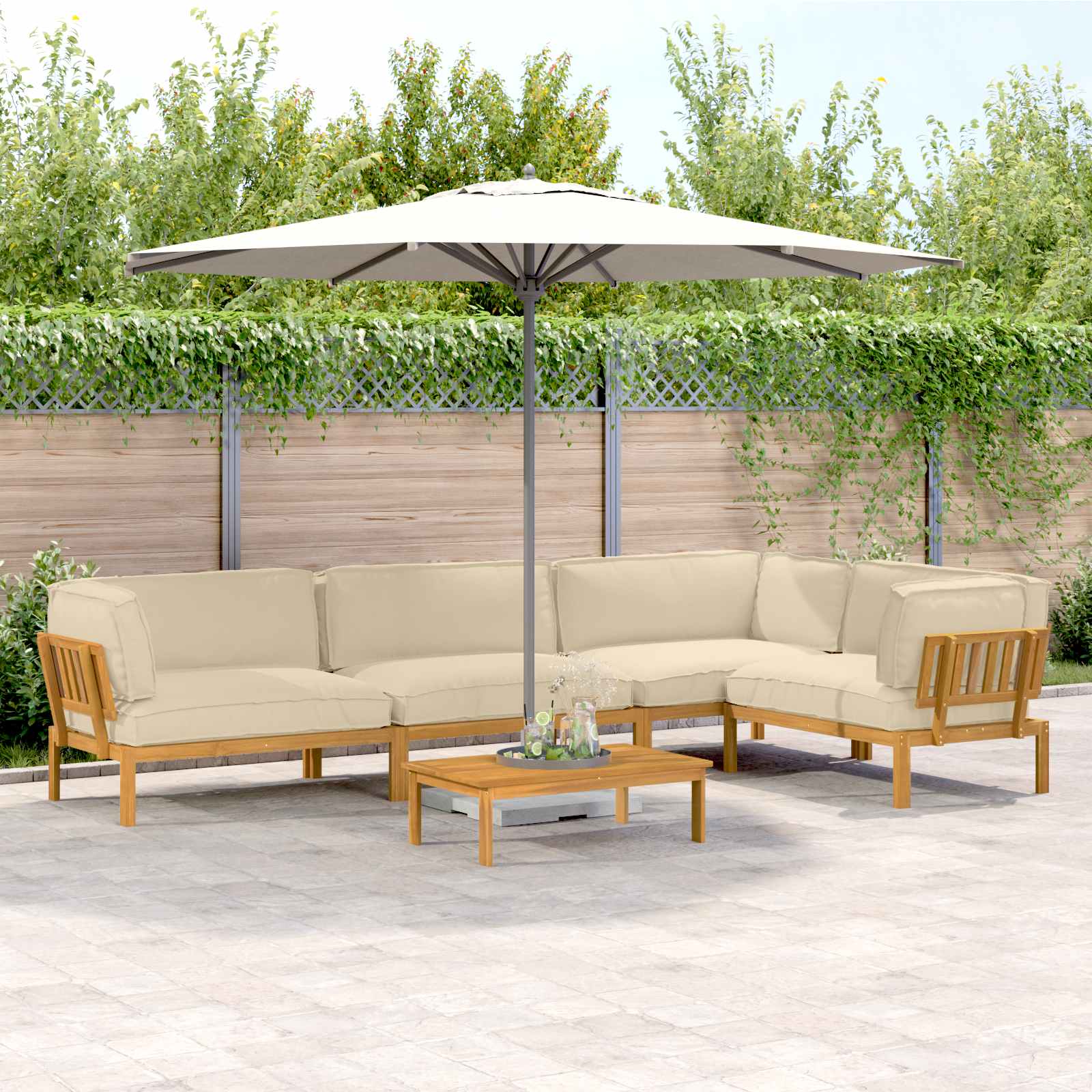 Bankstel met kussen Effen 5 pcs Beige Massief Acaciahout image 1
