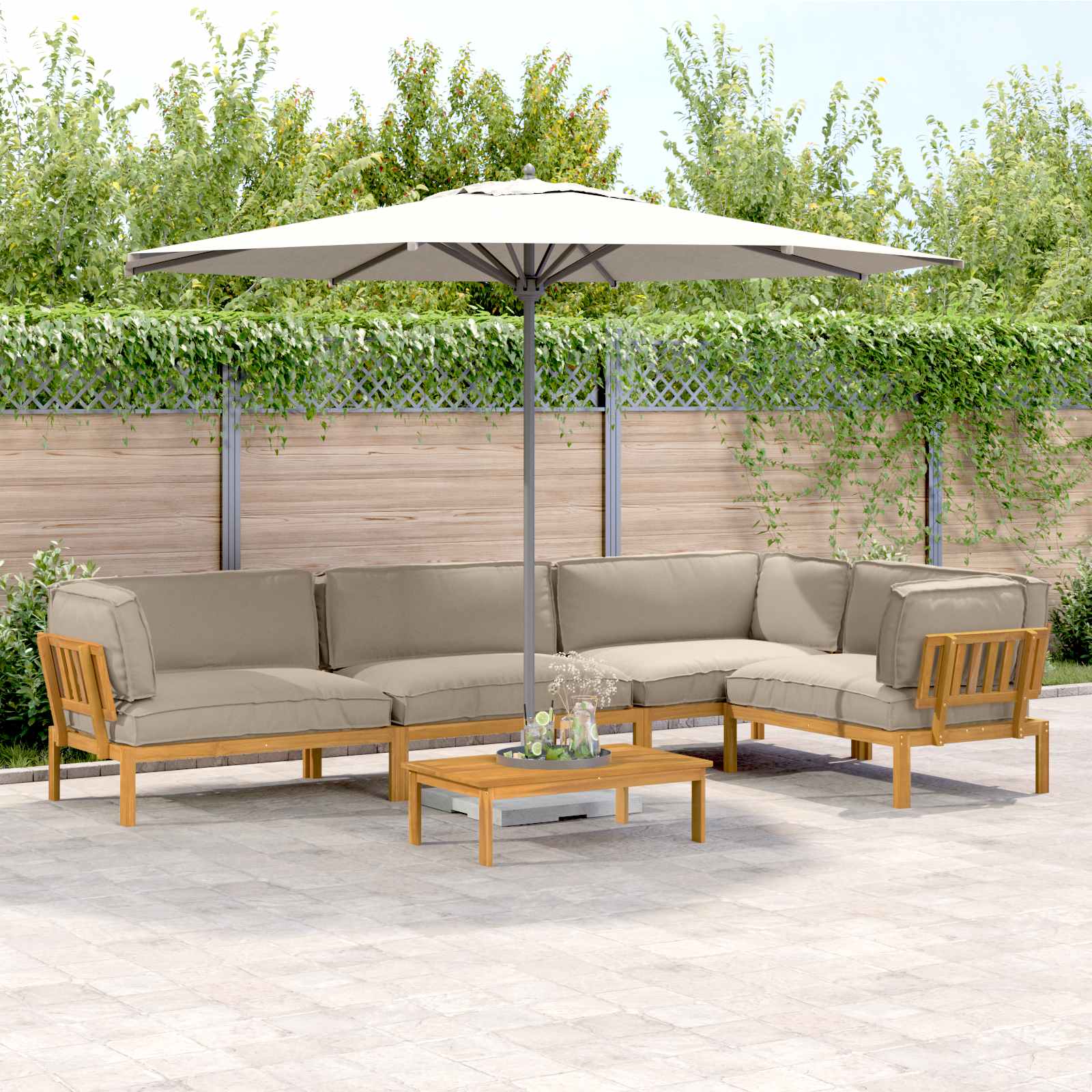 Bankstel met kussen Effen 5 pcs Taupe Massief Acaciahout image 1