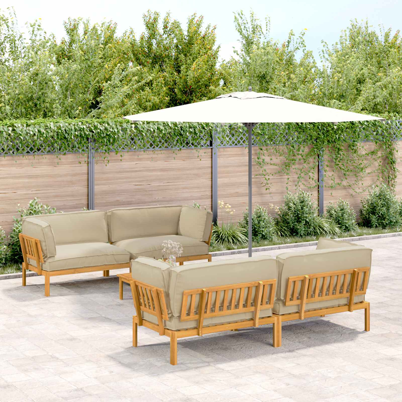 Bankstel met kussen Effen 5 pcs Beige Massief Acaciahout image 1