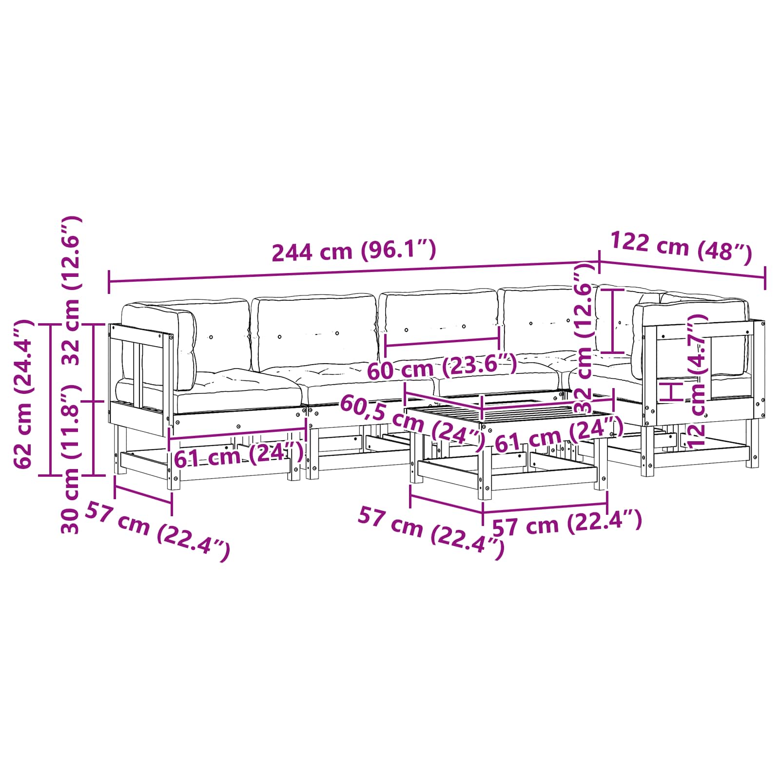 Vrtna dnevna garnitura 6 pcs Voskan Rjava Masivna borovina - slika 9