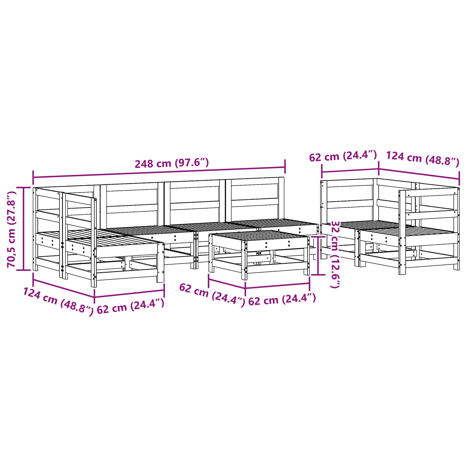 Pihan oleskeluryhmä 8 pcs Vahansävyinen Ruskea Massiivimänty - Image 8