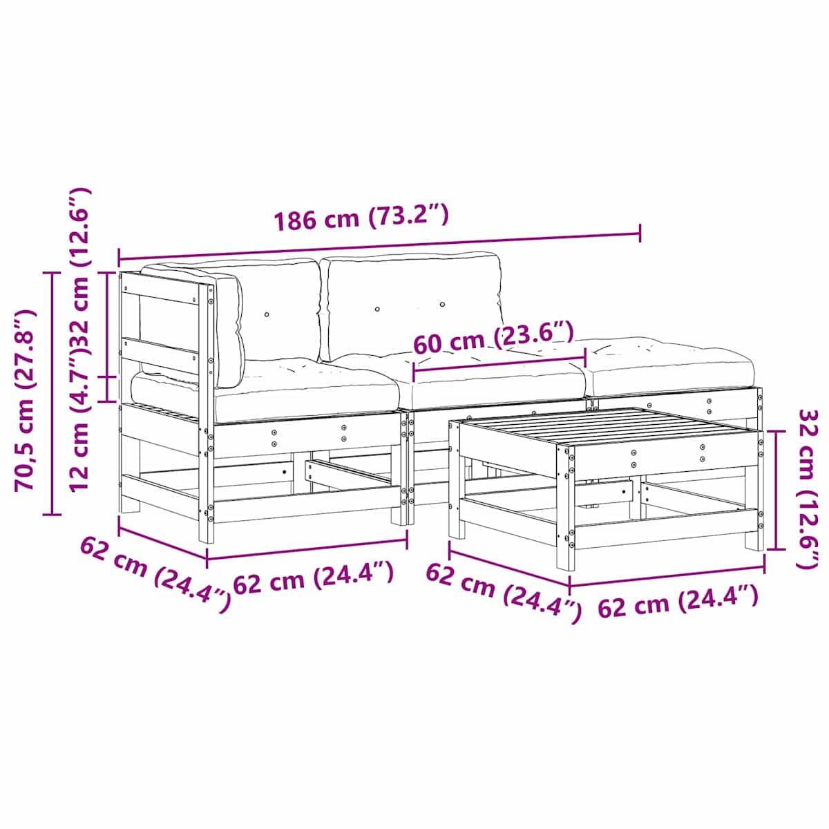 Have lounge sæt 4 stk. Voksbrun Massivt fyrretræ - Billede 9