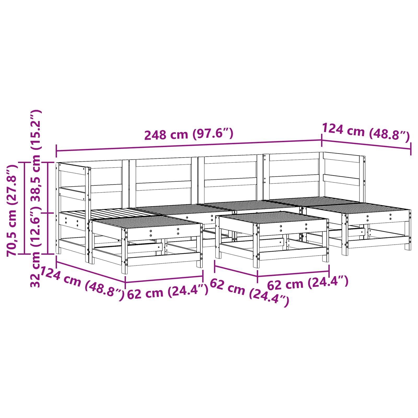 Pihan oleskeluryhmä 7 pcs Vahansävyinen Ruskea Massiivimänty - Image 7