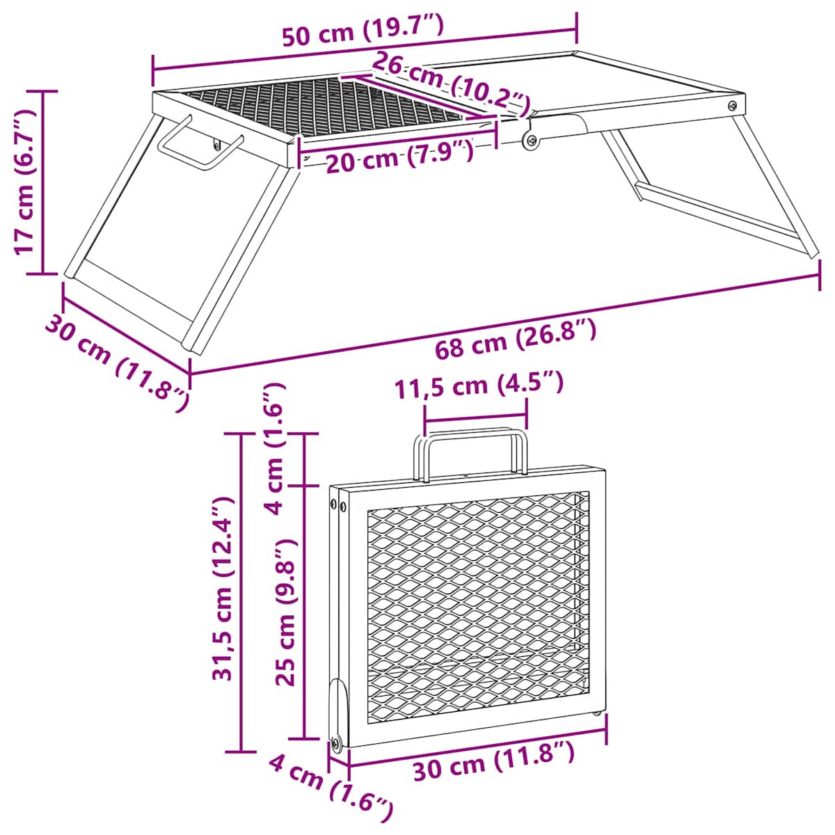 Foldbart Camping Grill 68 x 30 x 17 cm Legeret Stål Sort - Billede 10