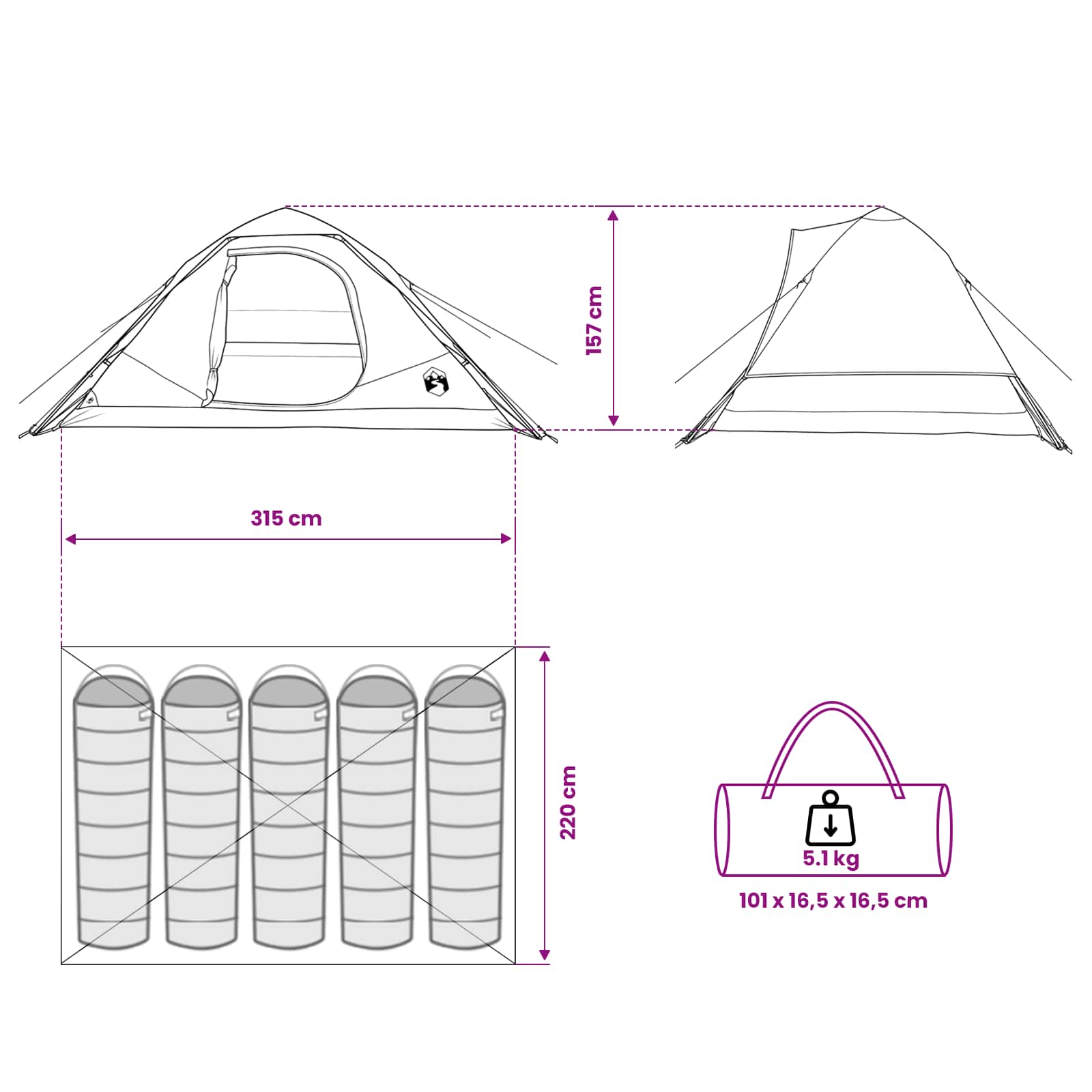 vidaXL Directe Tent Legergroen 305 x 215 x 140 cm Polyester en staal