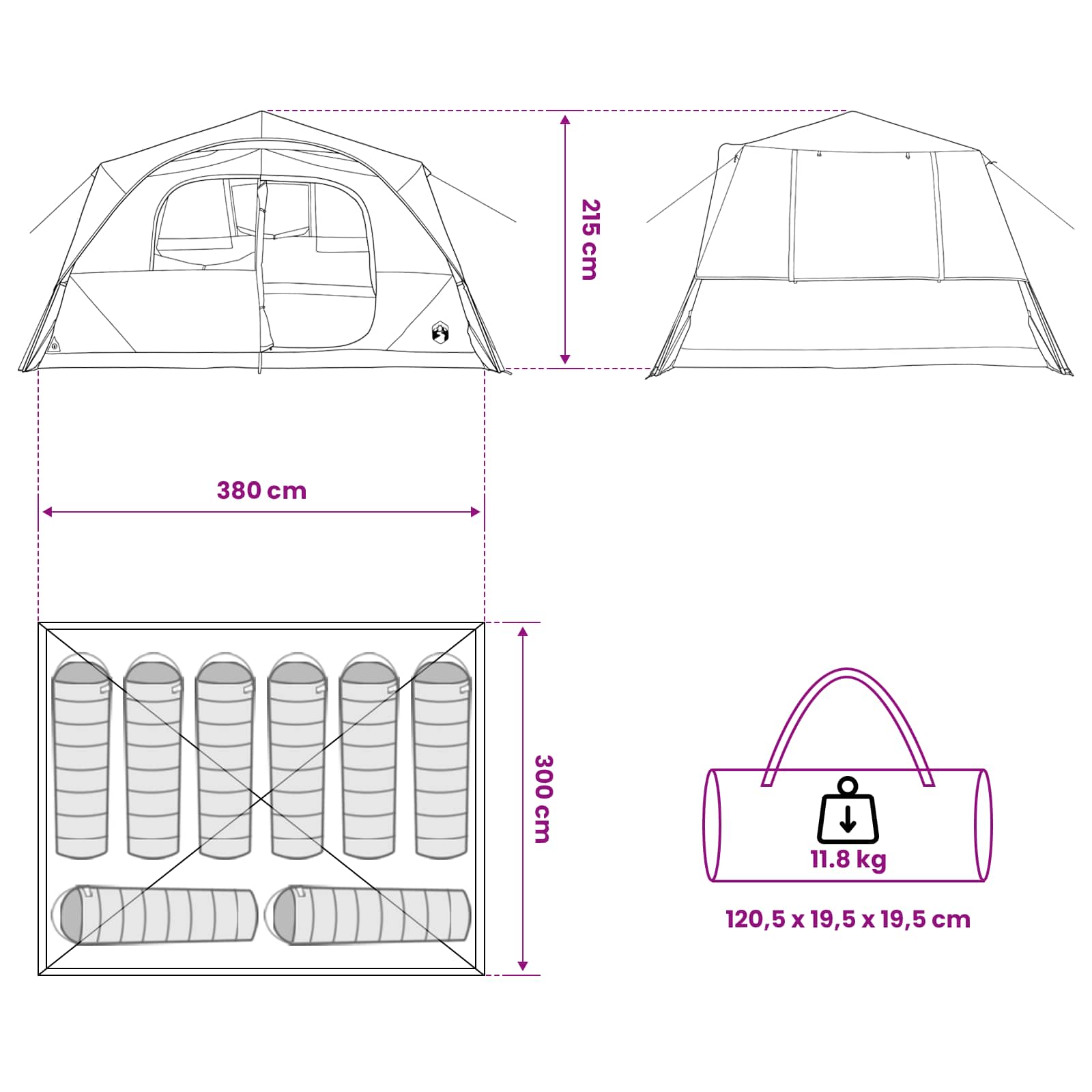 vidaXL Directe Tent Legergroen 365 x 380 x 200 cm Polyester en staal