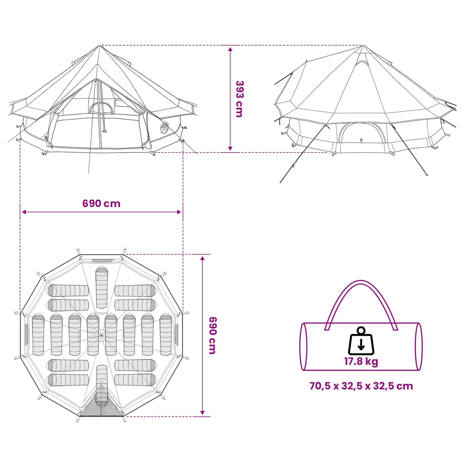 vidaXL Tipi šotor Zelena 700 x 700 x 395 cm Poliester in jeklo - slika 10
