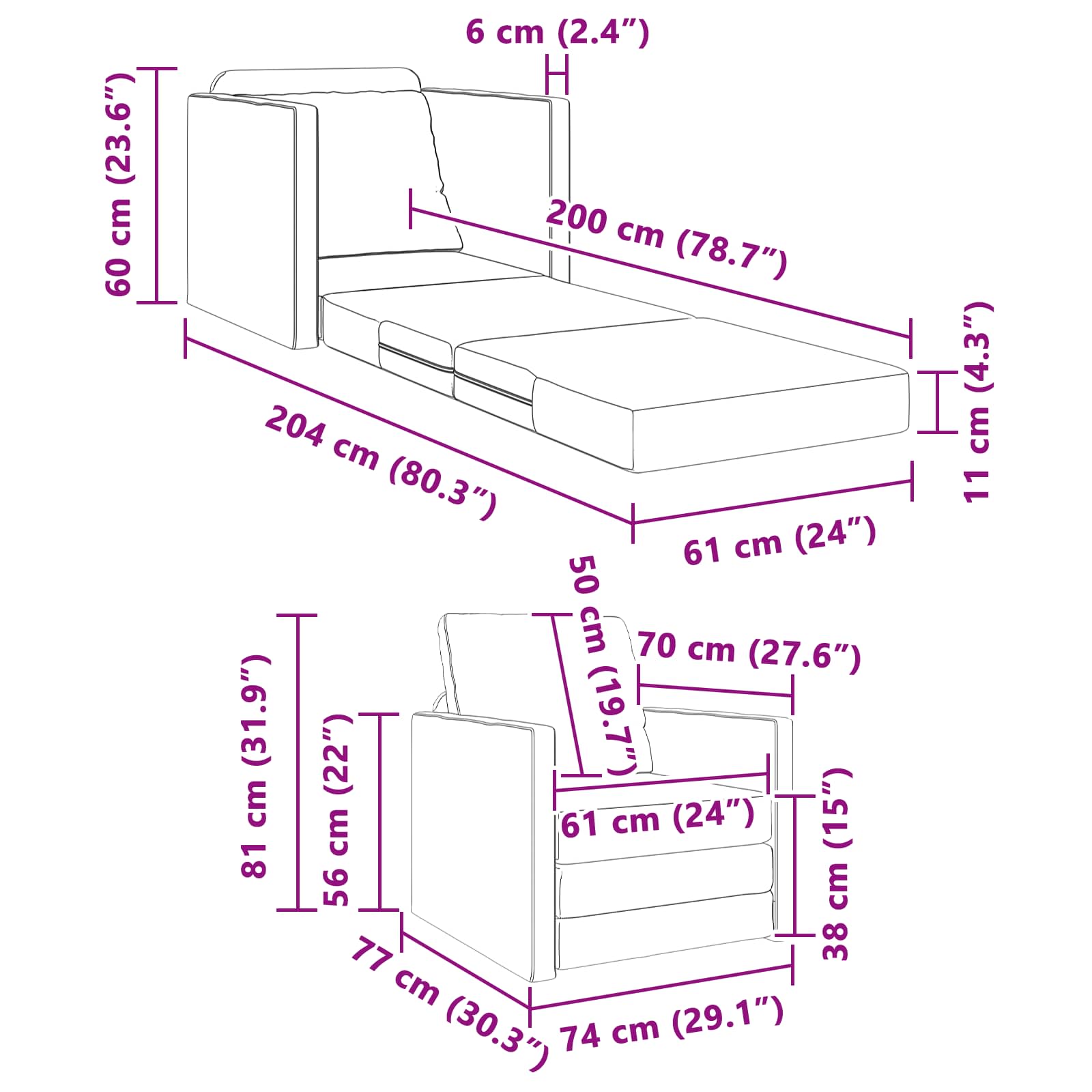 Canapea Pliantă cu Pat Negru 74 x 77 x 81 cm PVC [11]