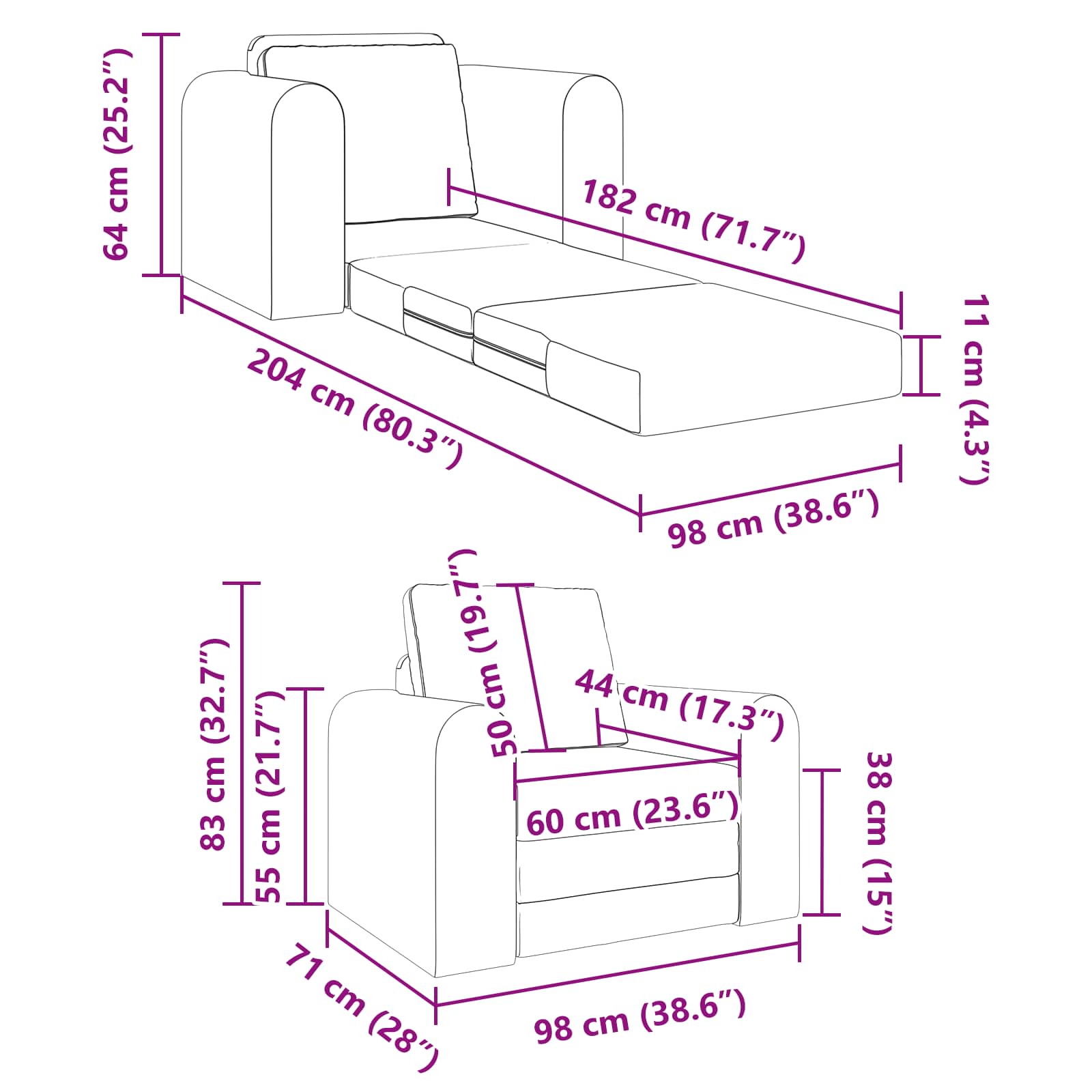 Canapea Pliantă cu Pat Negru 98 x 71 x 83 cm Catifea [11]
