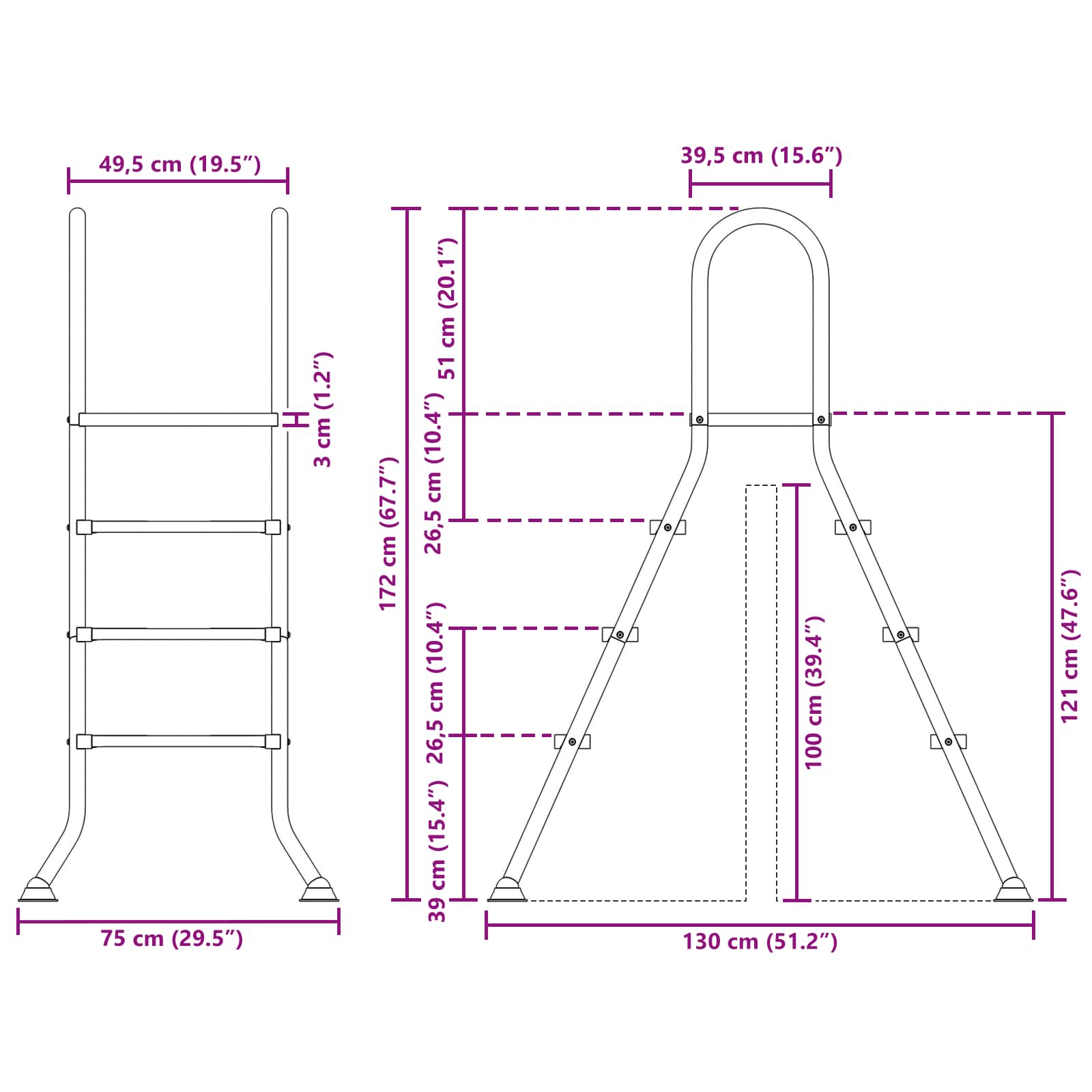 Стълба за надземен басейн 100 cm 3-Step Неръждаема стомана 304 — изображение 4