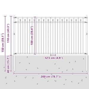 Hřebíkový plot Černá 200 x 150 cm Práškově lakovaná ocel - obrázek 7