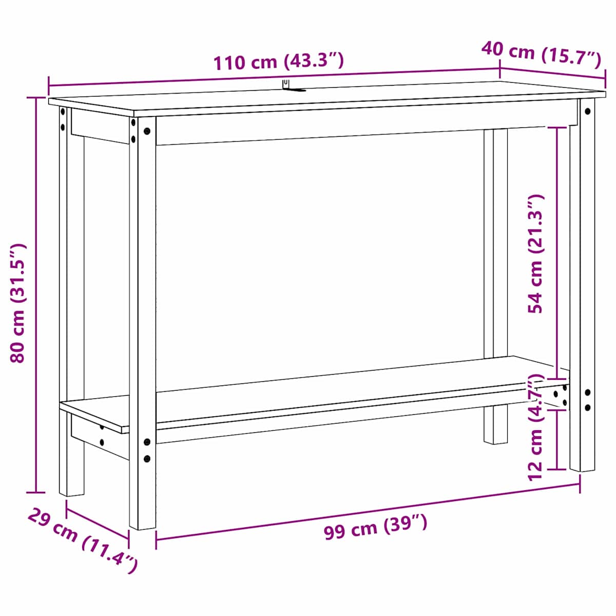 Konsolbord 110 x 40 x 80 cm Massivt fyrretræ - Billede 7