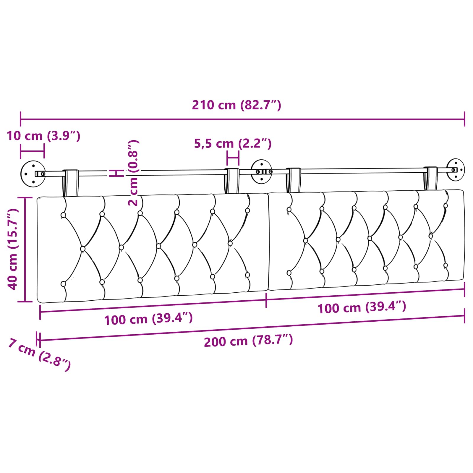 vidaXL Hängevorderseite Wandmontiert Lila 210 x 55 x 7 cm Samt – Bild 11
