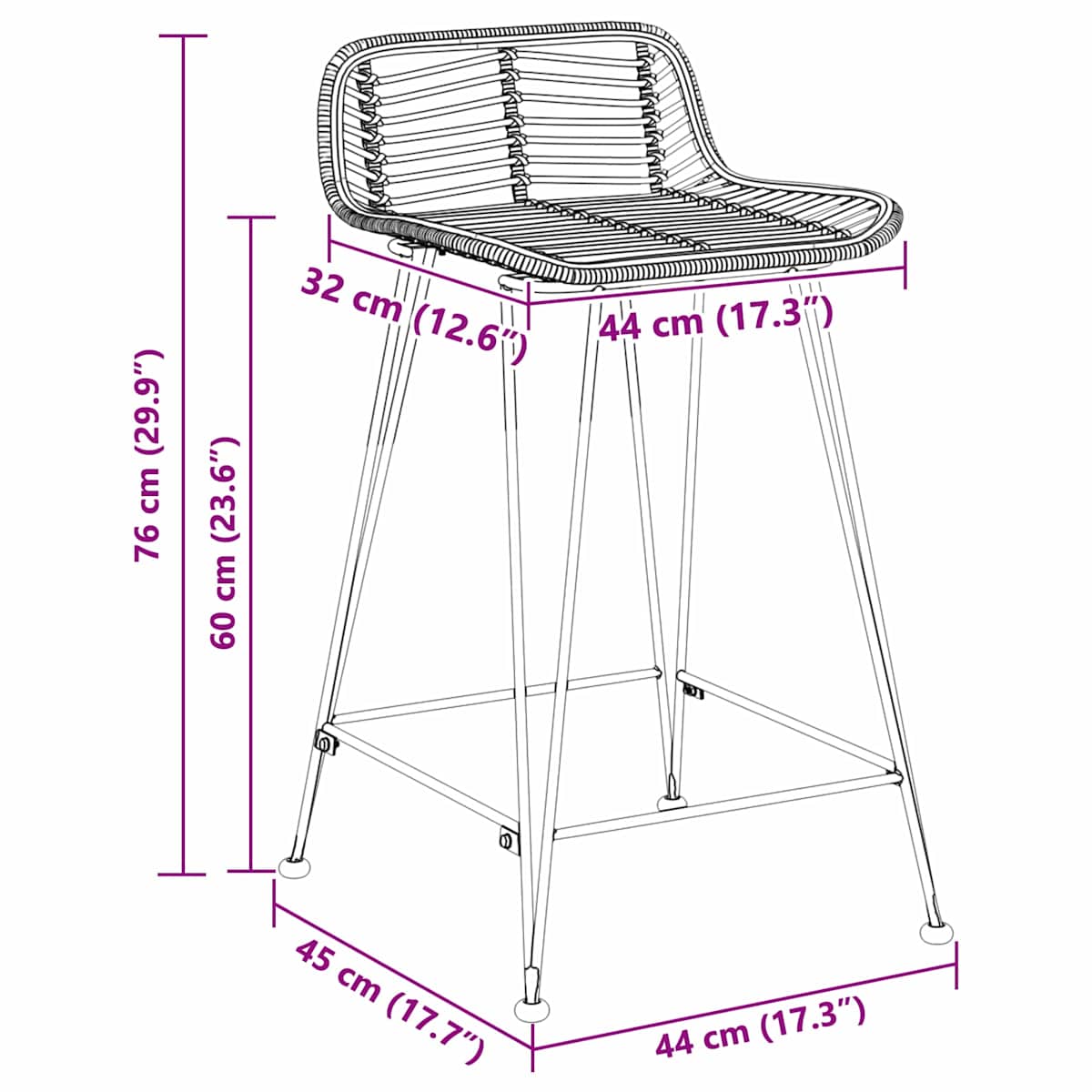 Barbænk 2 stk. 44 x 45 x 76 cm Rattan og Stål - Billede 10