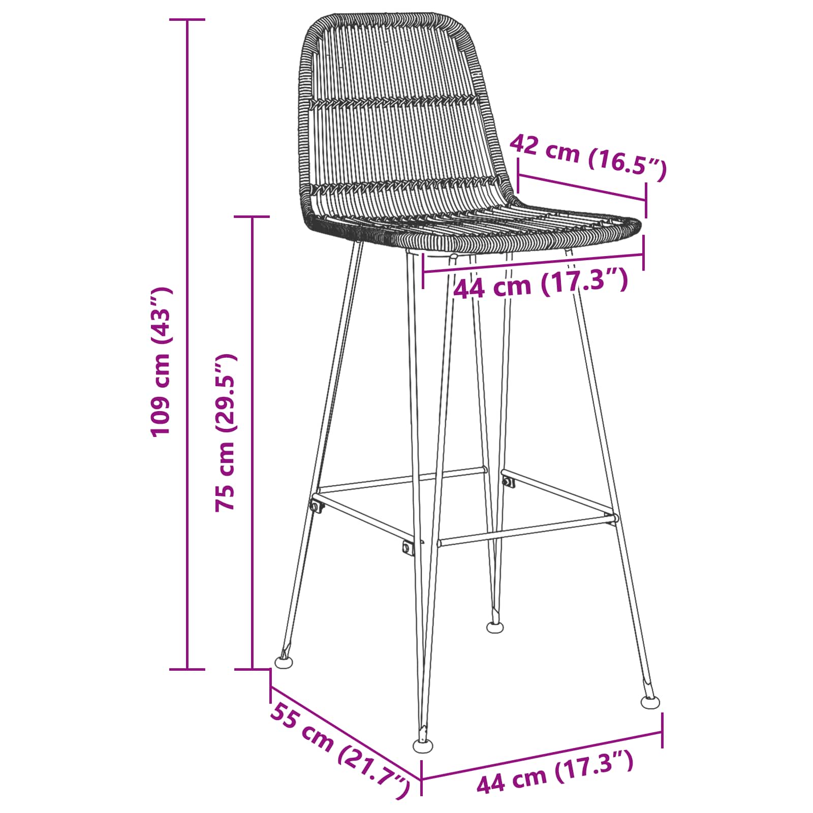 Barski stol 2 pcs Črna 44 x 55 x 109 cm Rattan in jeklo - slika 10