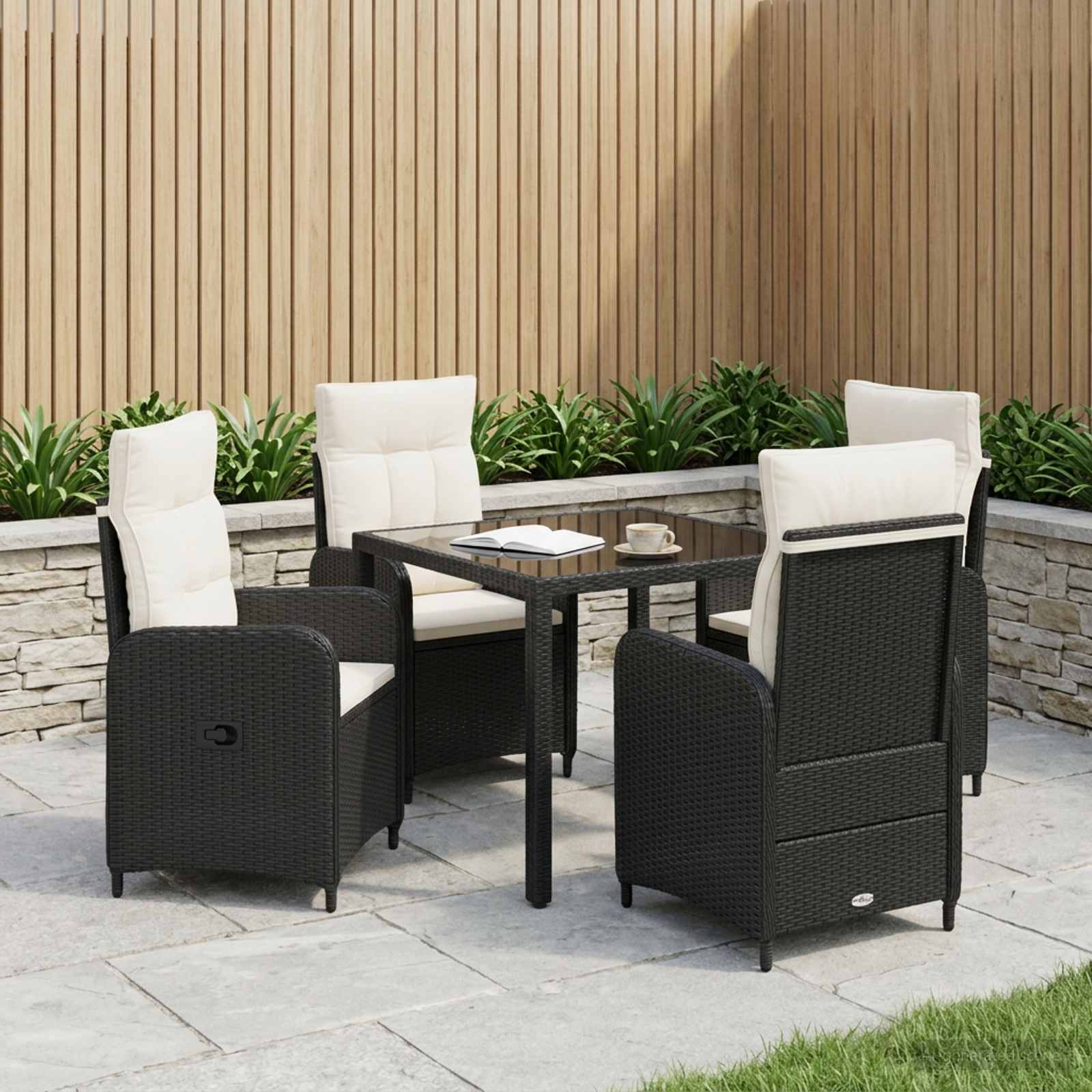 Udendørs spisegruppesæt i polyrattan med 4 reclinerstole - sort/cremehvid