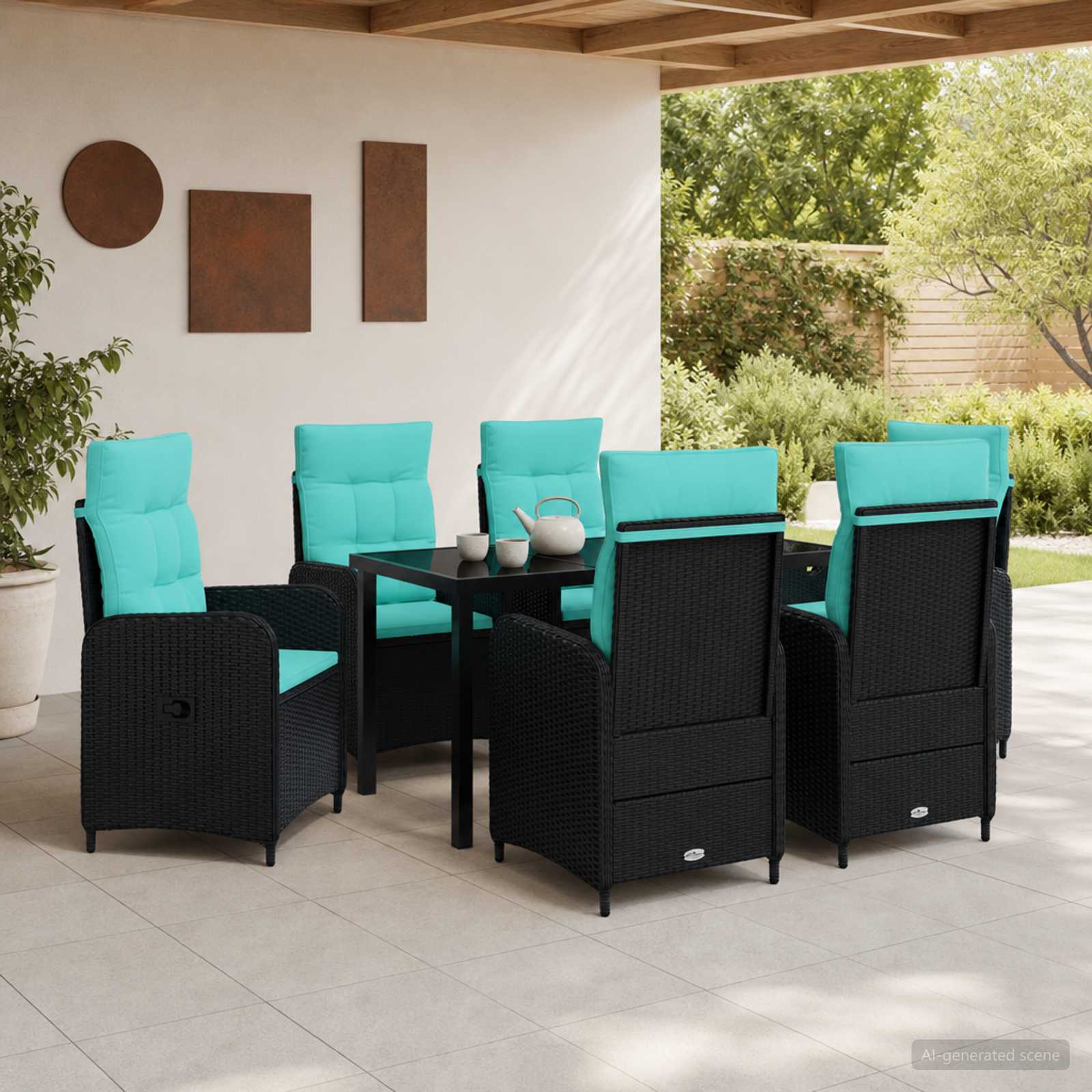 vidaXL Outdoortisch-Set 7 stk. Schwarz und Türkis Poly-Rattan