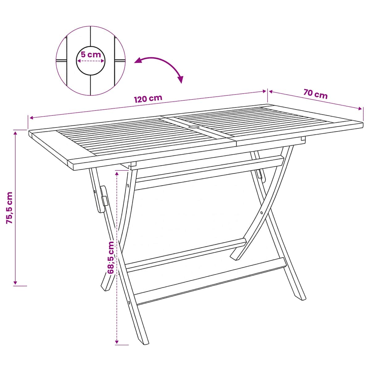 Sammenklappeligt havebord Naturfarvet 120 x 70 x 75,5 cm - Billede 9